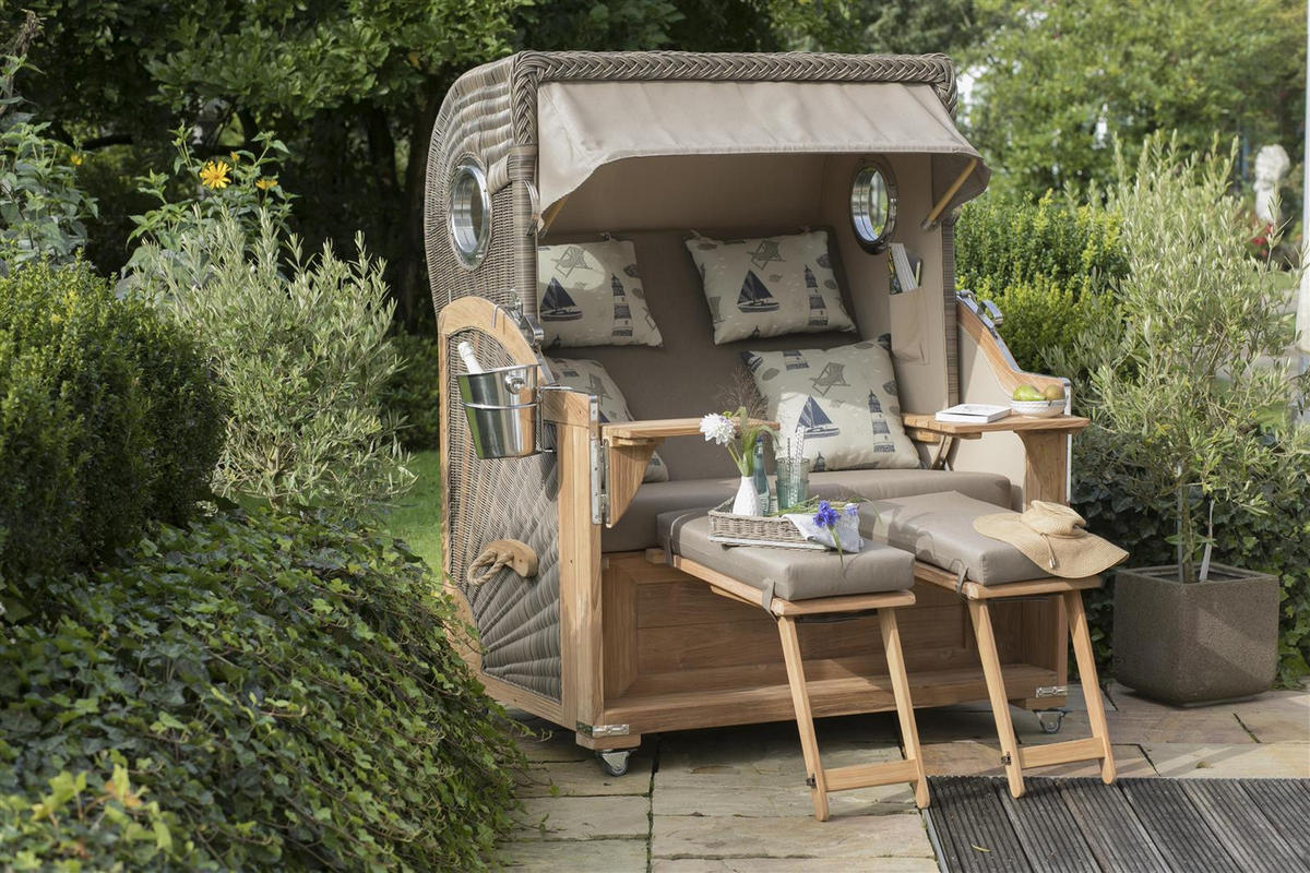 STRANDKORB Baltikum Teak 2,5 Sitzer - Blau/Braun, Holz/Metall (142/170/95cm) - Mr. Deko