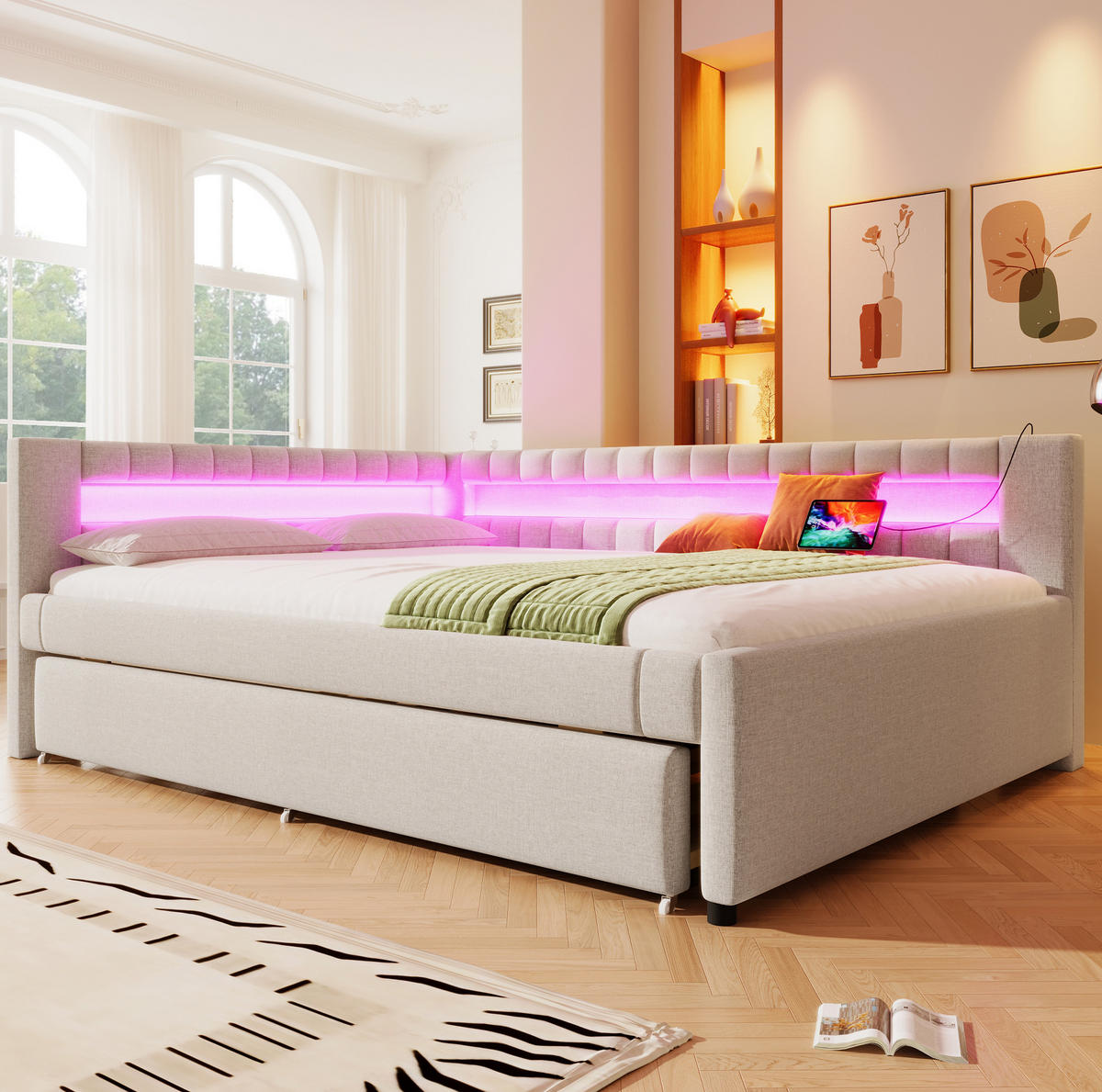 POLSTERBETT 140/200 cm mit Ausziehbett, LED-Beleuchtung, USB- und Type-C-Anschluss, Leinenbezug, Beige - Beige, Textil (140/200cm) - Redom