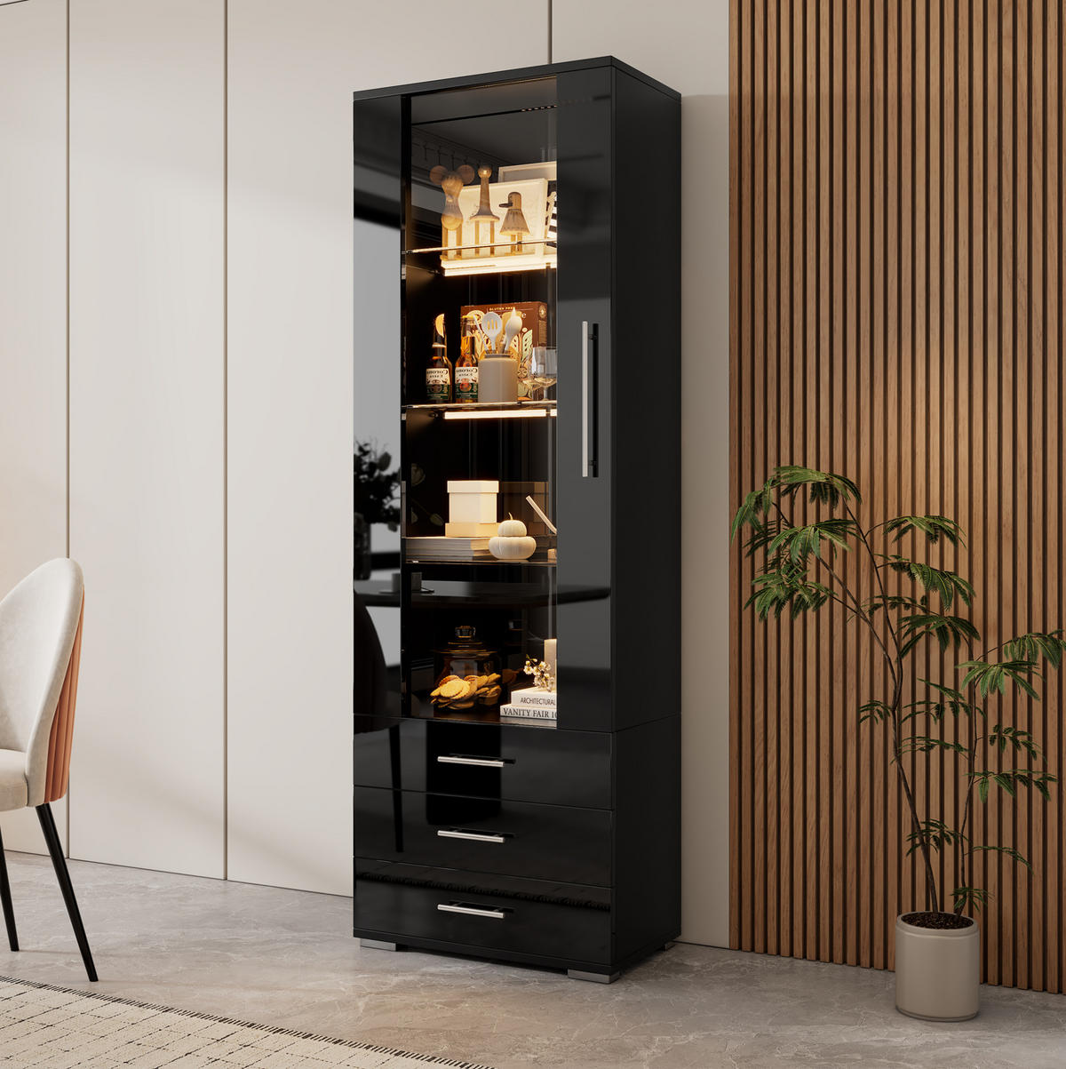 VITRINE 60/35/180 cm mit LED-Beleuchtung, 3 Schubladen und Hochglanzfront, Schwarz - Schwarz, Holzwerkstoff (60/180/35cm) - Redom