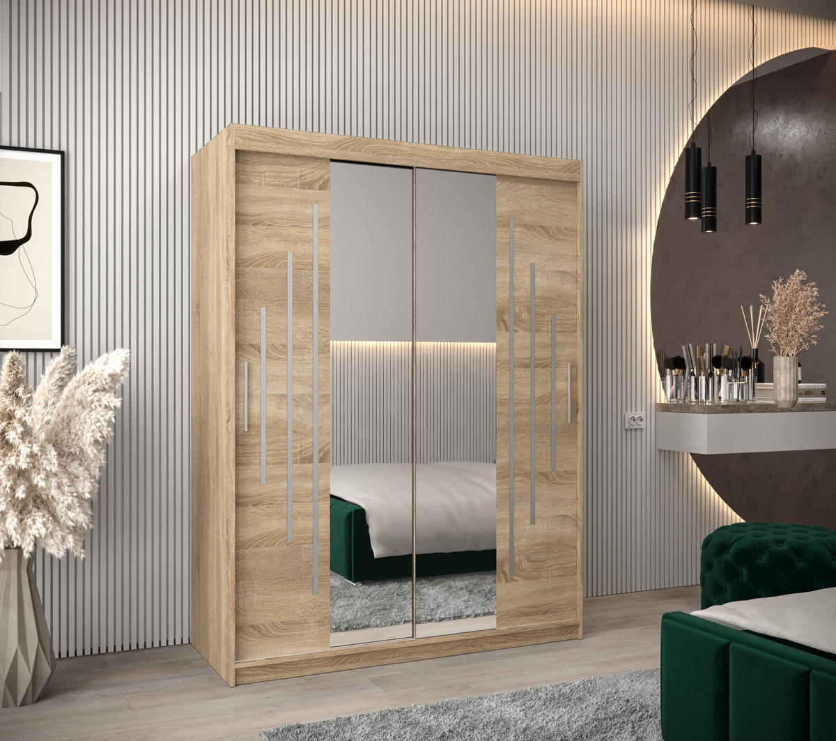 SCHWEBETÜRENSCHRANK 200/150/62 2-türig - Silberfarben/Sonoma Eiche, Holz/Kunststoff (150/200/62cm) - Abiks Möbel