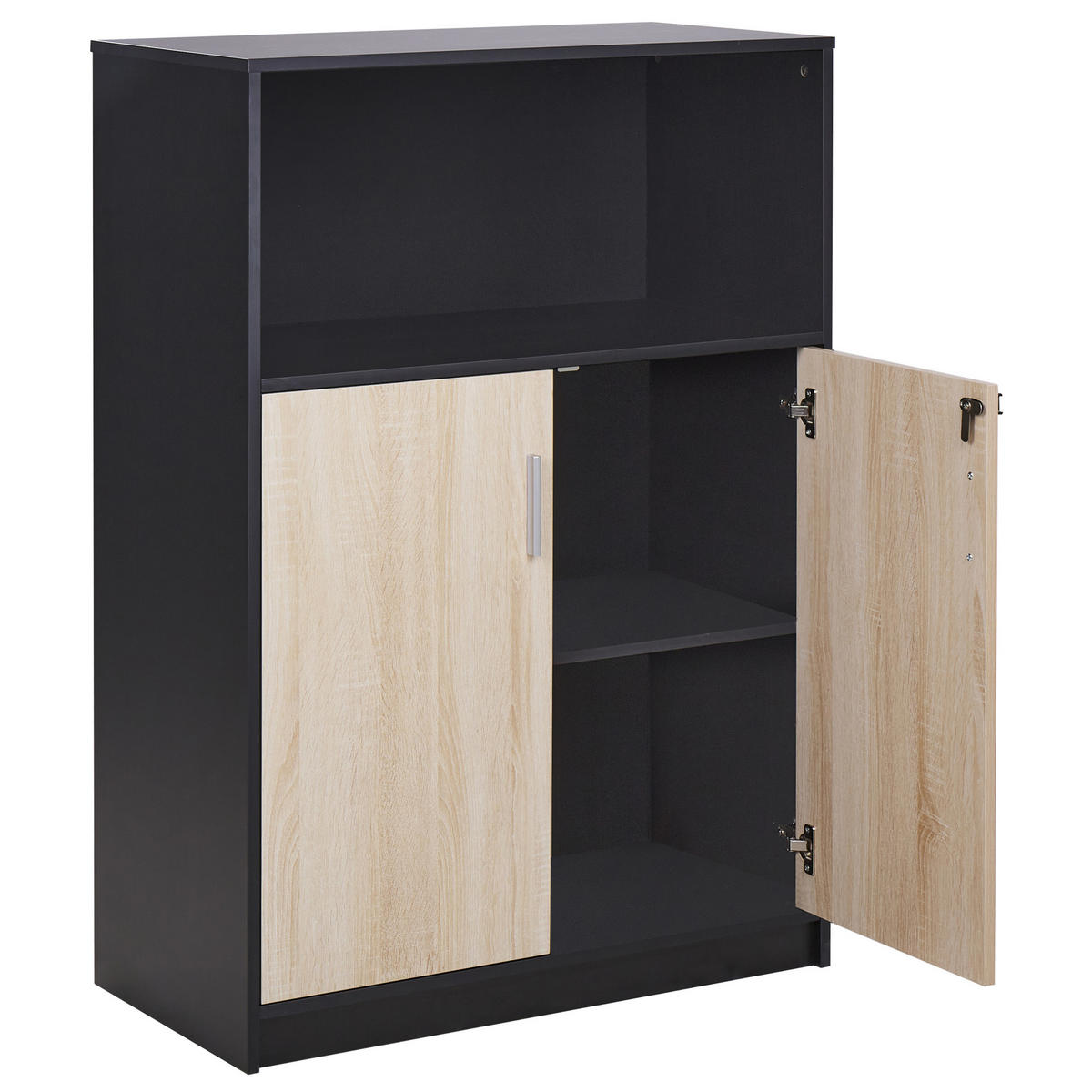 AKTENSCHRANK heller Holzfarbton/schwarz 117 cm 2 Türen offenes Ablagefach Zehna - Hellbraun/Schwarz, Holzwerkstoff (80/117/40cm) - Beliani