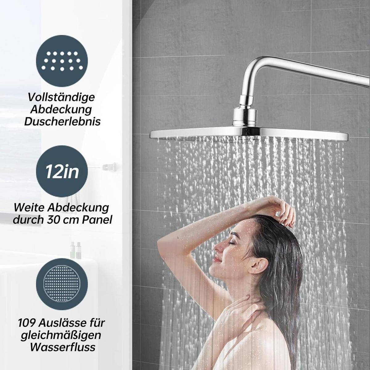 DUSCHKOPF 12 Zoll Quadratisch Chrom mit Wasserfall und Anti-Kalk-Düsen - Silberfarben, Metall (18/12.7/26cm)