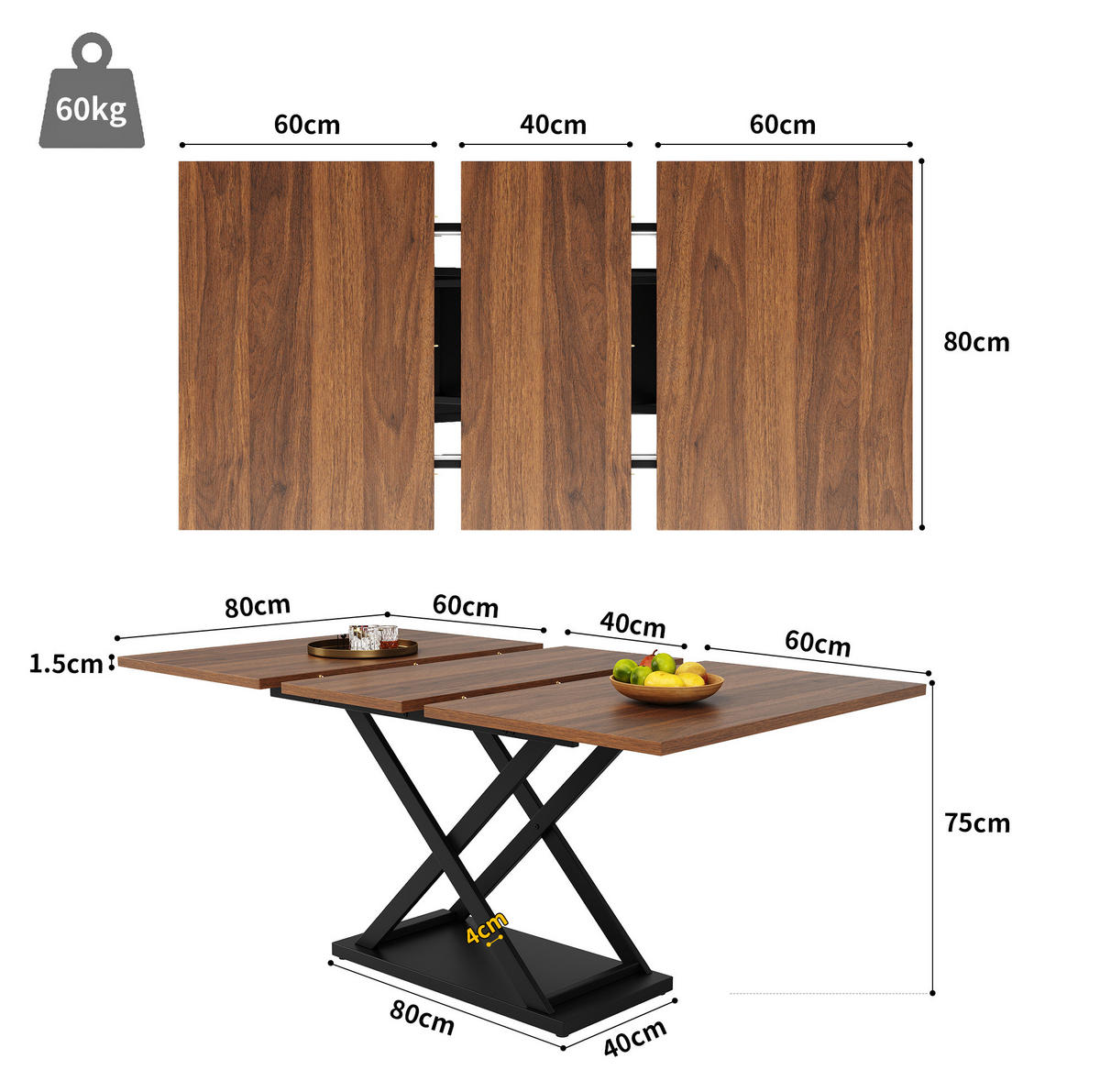 ESSTISCH Teleskoptisch 120/80cm mit Kreuzbeinen in Walnussfarbe - Walnussfarben, Holzwerkstoff (160/80/75cm) - OKWISH