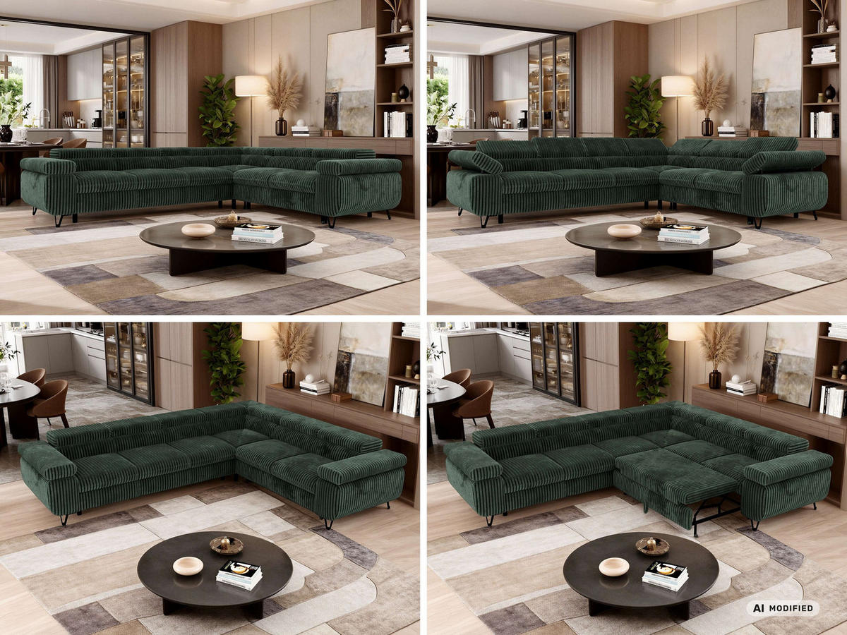 ECKSOFA NORDEN L - Dunkelgrün Cord - Links Seite - Dunkelgrün/Schwarz, Textil/Metall (269/329cm) - MKS