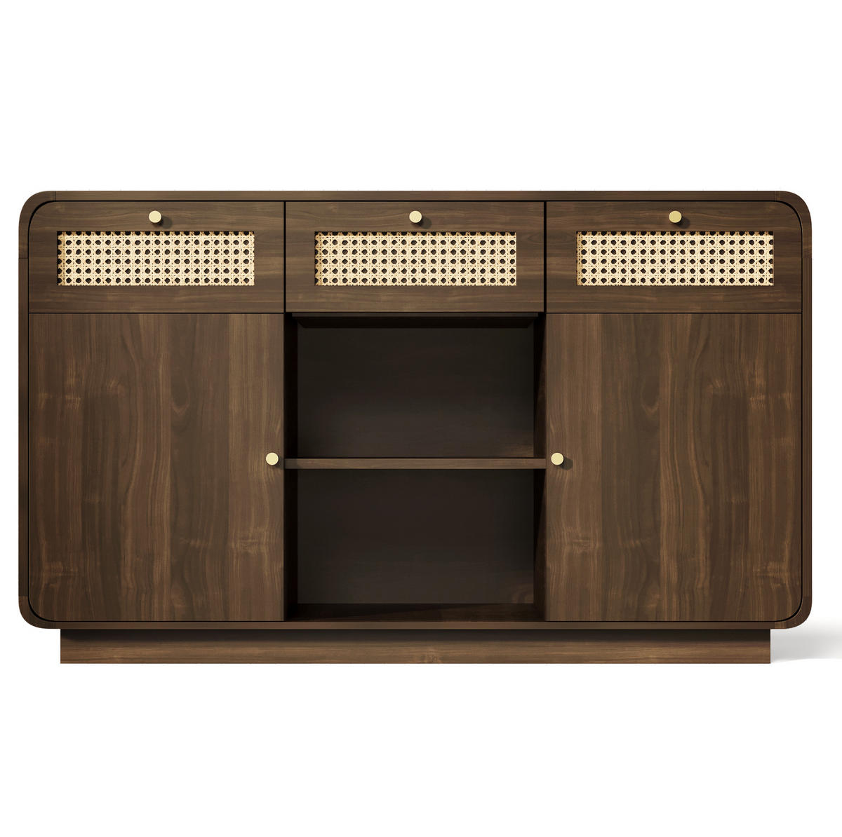 SIDEBOARD in Nussbaum mit Rattanfronten, 3 Schubladen und 2 Türen, Goldgriffe, 120/40/85 cm, Nussbaum - Walnussfarben, Holzwerkstoff (120/85/40cm) - Redom