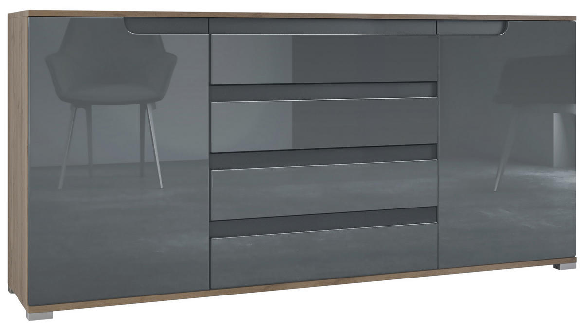 SIDEBOARD Sylt Grau Hochglanz / Anthrazit matt - Grau, Holzwerkstoff (166.5/75.5/35cm) - Vladon