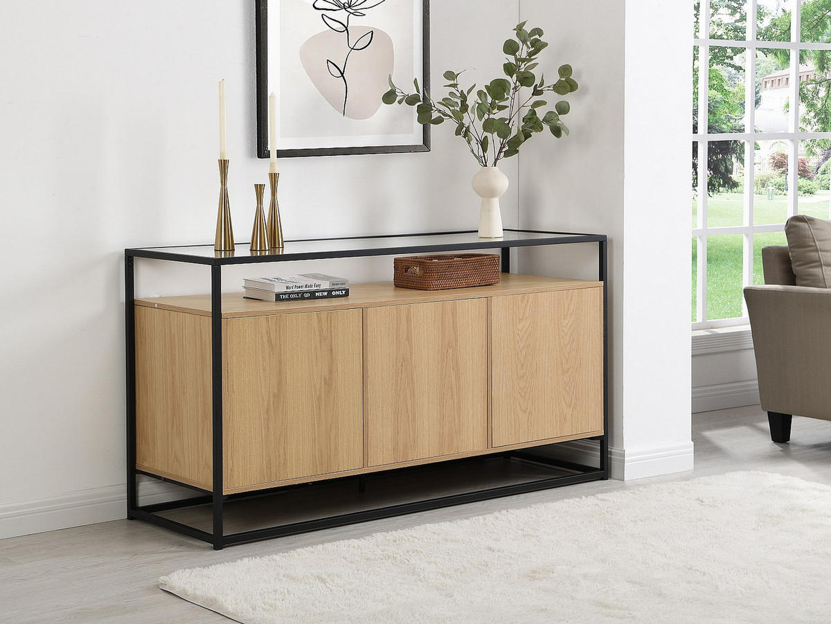 SIDEBOARD mit 3 Türen - MDF, gehärtetes Glas & Metall - Hell - CAMATA - Naturfarben, Holz (150/80/50cm) - Vente-Unique
