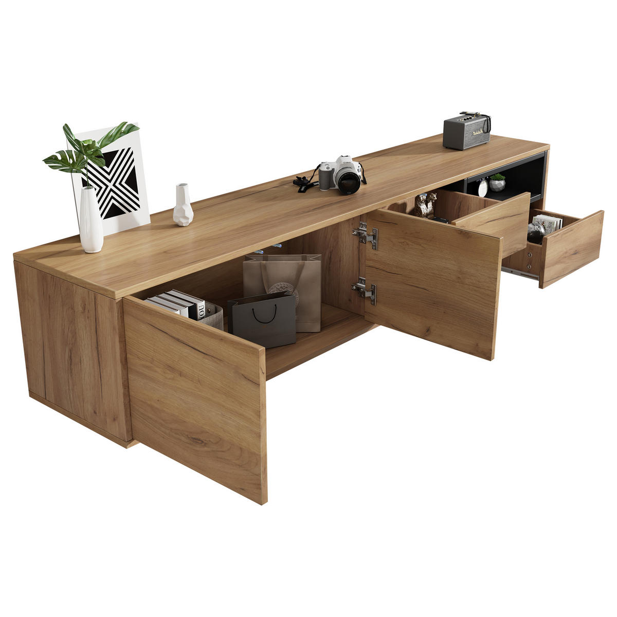 TV-LOWBOARD aus Spanplatte 173x38x48 cm Holzfarben mit Stauraum, Kabeldurchlass und offenen Fächern - Naturfarben, Holzwerkstoff (173/48/38cm) - Modfu