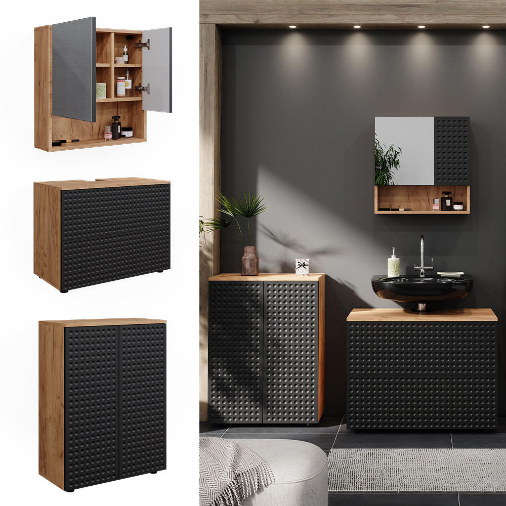 BADMÖBEL-SET Irma Anthrazit gepunktet 3 Teile, mit Unterschrank 80 cm - Anthrazit/Eiche Wotan, Holzwerkstoff (80/58/41cm) - Vicco