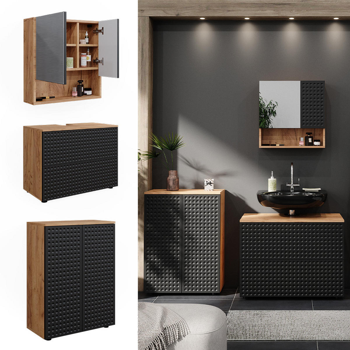 BADMÖBEL-SET Irma Anthrazit gepunktet 3 Teile, mit Unterschrank 80 cm - Anthrazit/Eiche Wotan, Holzwerkstoff (80/58/41cm) - Vicco