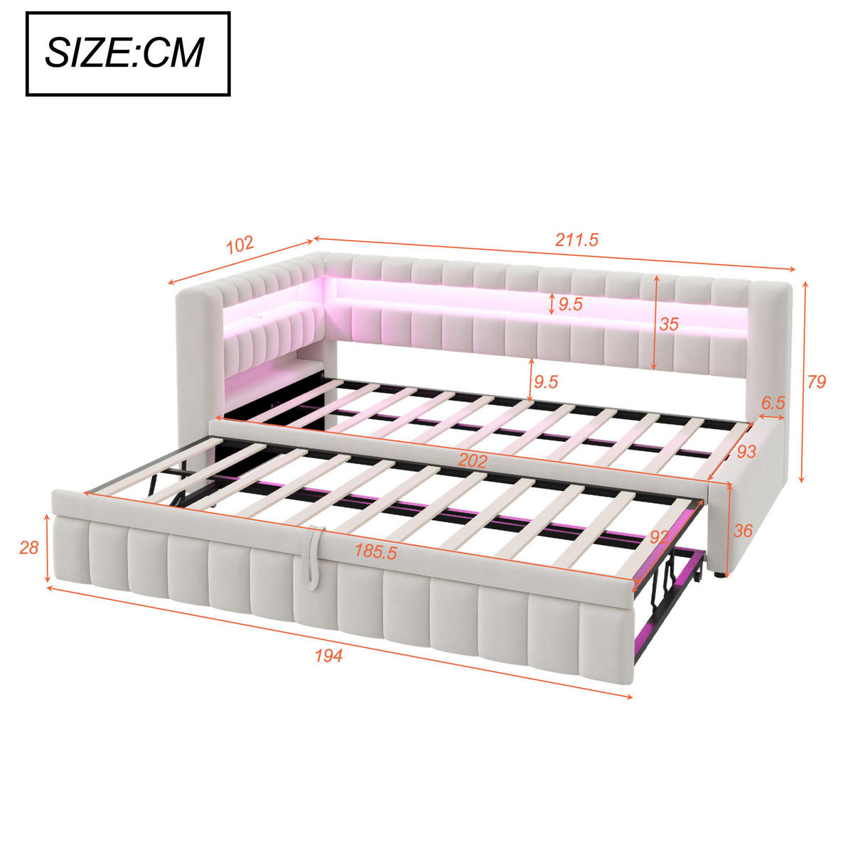 ROZKLÁDACÍ čalouněná postel 90/200 cm s LED osvětlením, USB-C portem a výsuvným lůžkem, Béžová - béžová, textil (90/200cm) - Redom