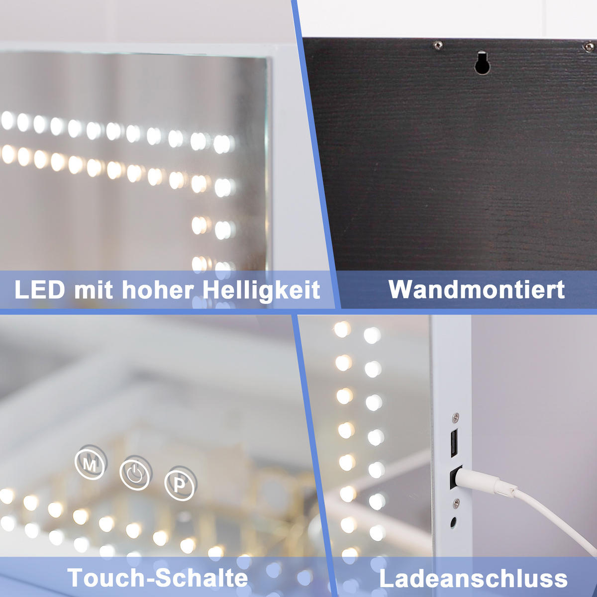SCHMINKSPIEGEL mit Lichtstreifen LEDs Beleuchtung Glühbirne weiß 80/58 cm - Weiß, Metall (80/58/3cm) - VANITII