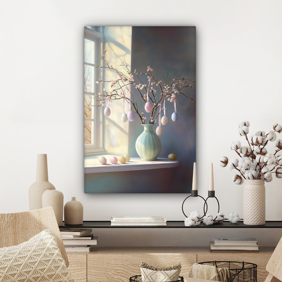 LEINWANDBILD Stillleben - Vase - Osterzweig Wanddeko Schlafzimmer 60x90 cm - Hellblau, Textil (60/90cm) - MuchoWow