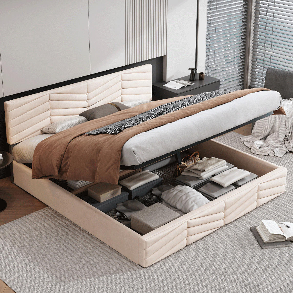 POLSTERBETT Streifen Stil Samt 60x200 cm Höhenverstellbares Kopfteil - Beige, Textil - Raelunyi