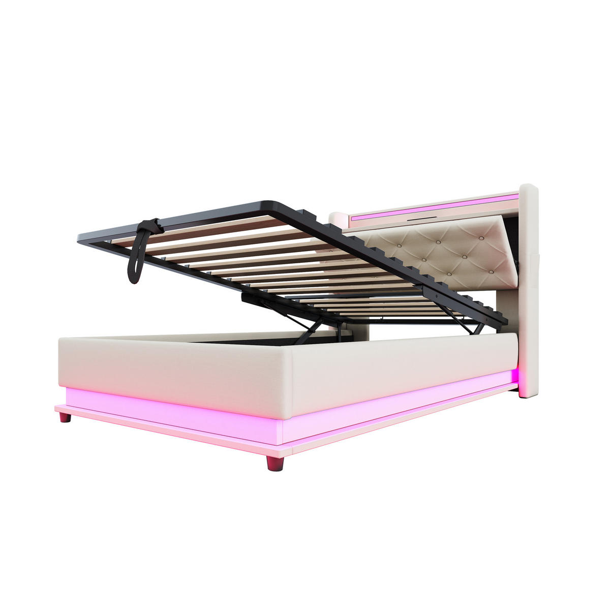 DETSKÁ posteľ 216,5/97/108 cm béžová s LED osvetlením, USB a úložným priestorom z ľanovej tkaniny - béžová, textil (90/200cm) - OKWISH