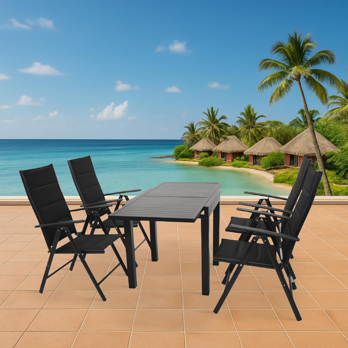 GARTEN-GARNITUR Ashford - 5-teilige Garten-Essgruppe (4x Klappsessel, Aluminium dunkelgrau + Textilgewebe gepolstert schwarz - Schwarz, Metall - TPFGarden