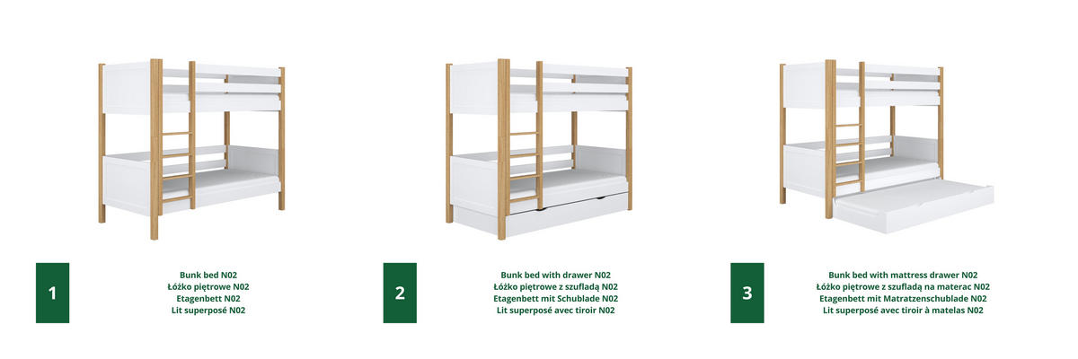 ETAGENBETT N02 mit Matratzenschublade Weiß / Eiche Natur 120/190 - Eiche Artisan/Weiß, Naturmaterialien/Holz (120/190cm) - N-Wood