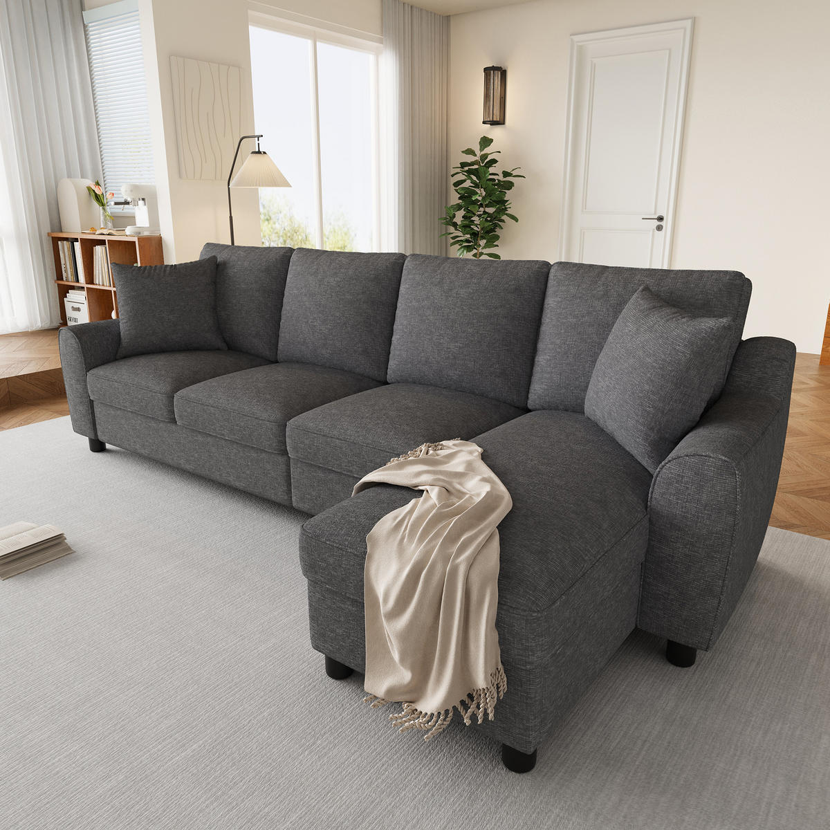 ECKSOFA L Form 3-Sitzer Chenille Stauraum Getränkehalter Grau 280cm - Grau, Textil (280/136cm) - FLIEKS