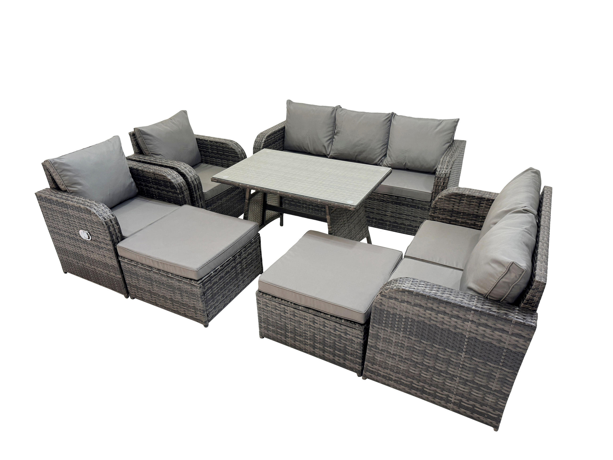 GARTENMÖBELSET mit ESSTISCH,SOFA Polyrattan 9-Sitzer - Dunkelgrau/Grau, Glas/Kunststoff - Fimous