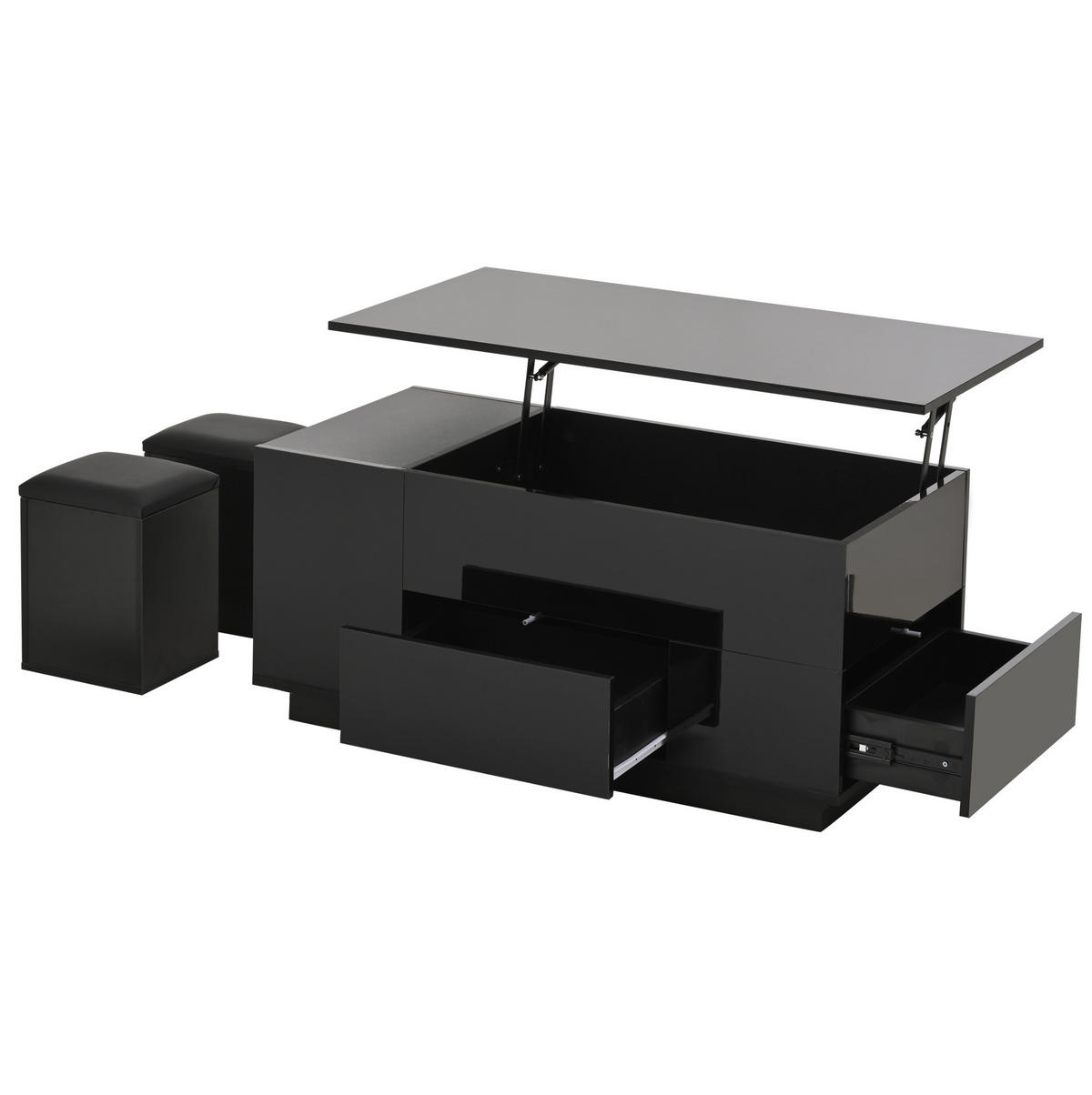 COUCHTISCH 100/50/45 cm höhenverstellbar mit LED-Beleuchtung und 2 Hockern, Schwarz - Schwarz, Holzwerkstoff (100/50/45cm) - Flora Grace