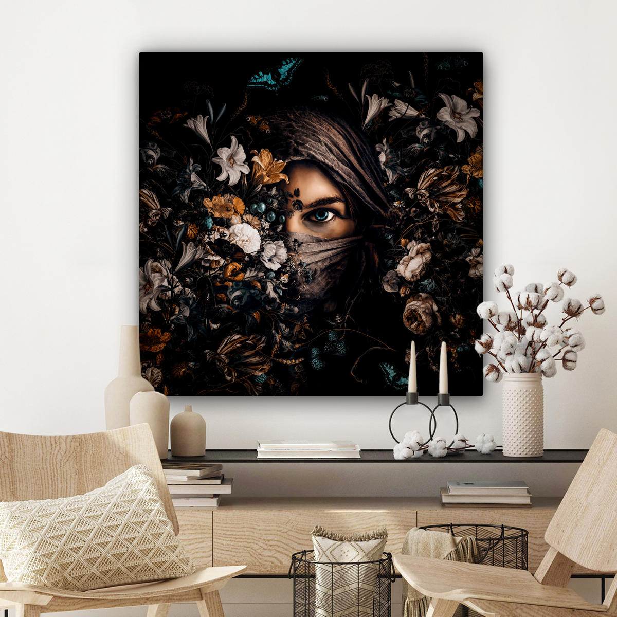 LEINWANDBILD Frau - Luxus - Blumen - Schmetterling - Porträt 90x90 cm - Schwarz, Textil (90/90cm) - MuchoWow