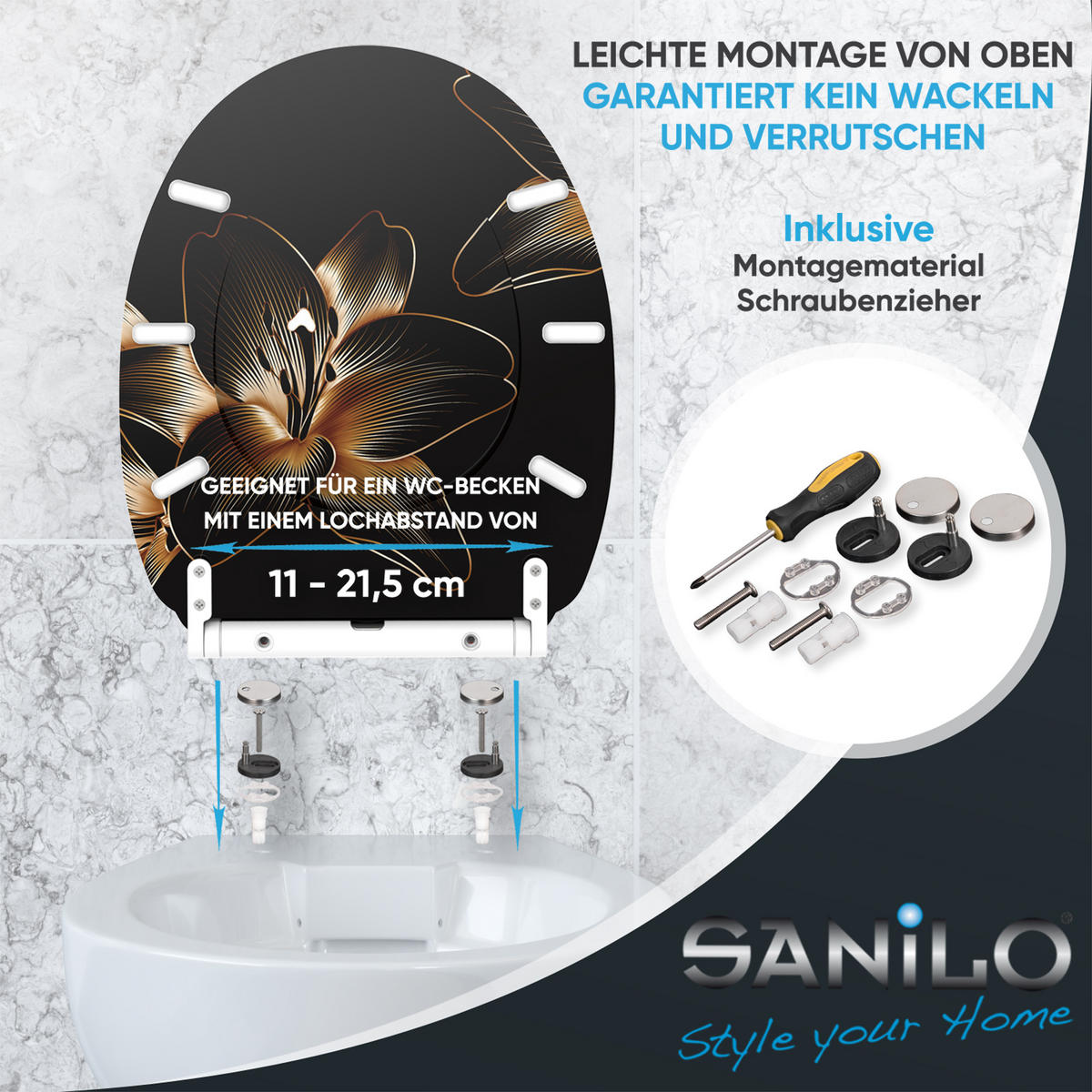 WC-SITZ mit Absenkautomatik & Top Fix Aurelia - Schwarz, Holzwerkstoff (37.7/5.5/48cm) - Sanilo