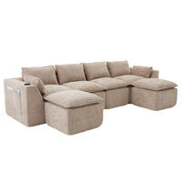 CANAPEA CU 4 LOCURI din chenille, cu 2 taburete și suporturi pentru băuturi - nisipiu, material textil (322/75/161cm) - Urban Meuble