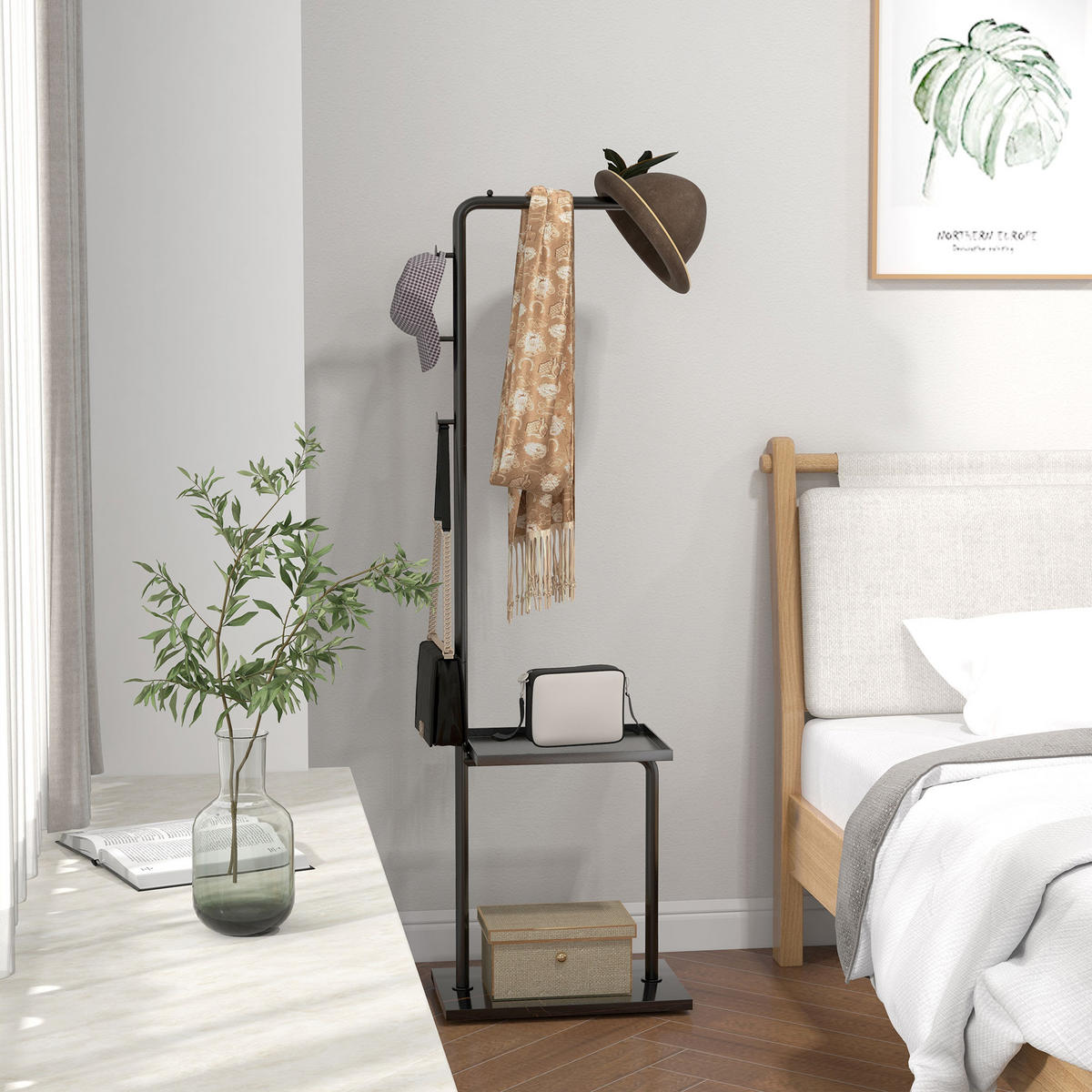 GARDEROBENSTÄNDER Kleiderständer mit Haken Tablett Garderobe für Kleidung Hüte - Schwarz, Metall (28/148/45cm) - HOMCOM