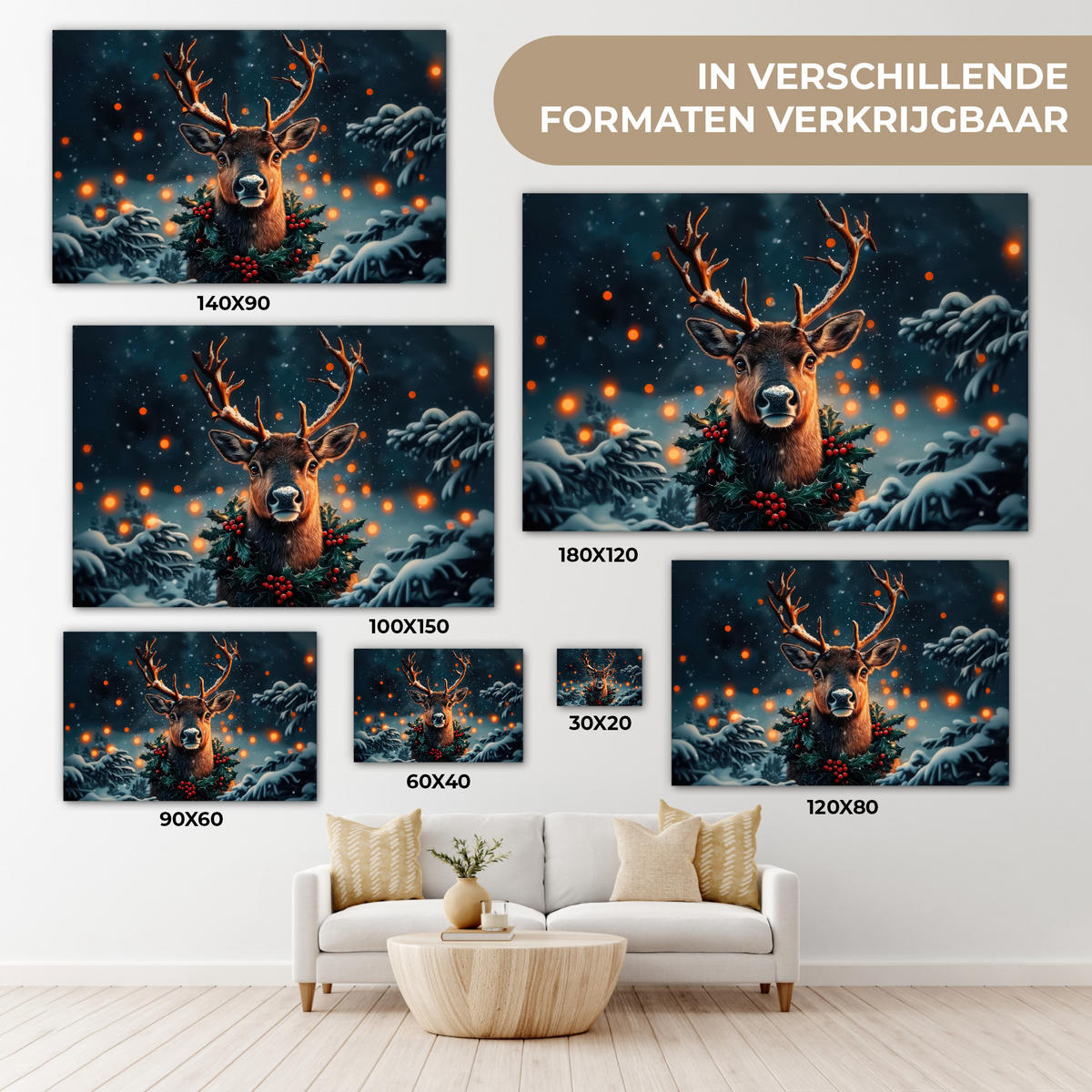 LEINWANDBILD Hirsch - Weihnachten - Winter - Schnee - Weihnachtskranz Wanddeko 90x60 cm - Dunkelbraun, Textil (90/60cm) - MuchoWow