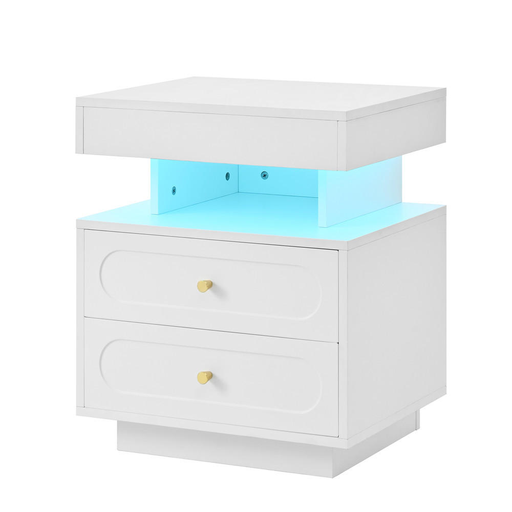 NACHTTISCH LED Weiß 50/60/40 cm mit 2 Schubladen und offenem Fach - Weiß, Holz (50/60/40cm) - Kaket