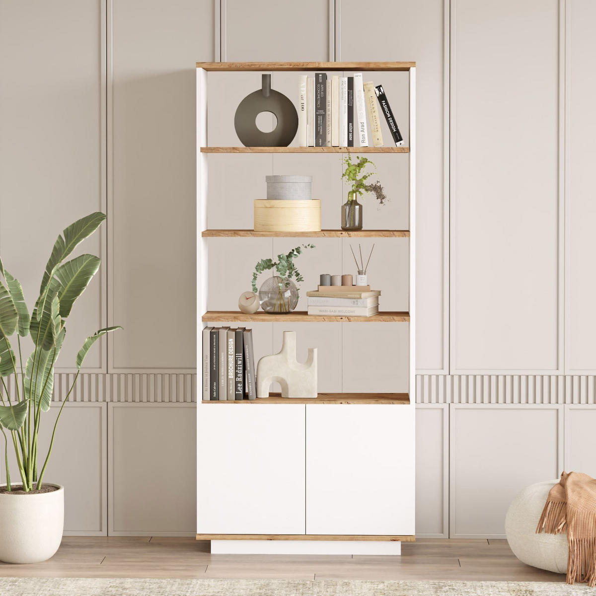 BÜCHERREGAL mit 2 Türen und 4 Ablagen in Atlantik-Kiefer und Weiß 75/26/168 cm - Weiß, Holzwerkstoff (26.8/168.3/16cm) - Calicosy