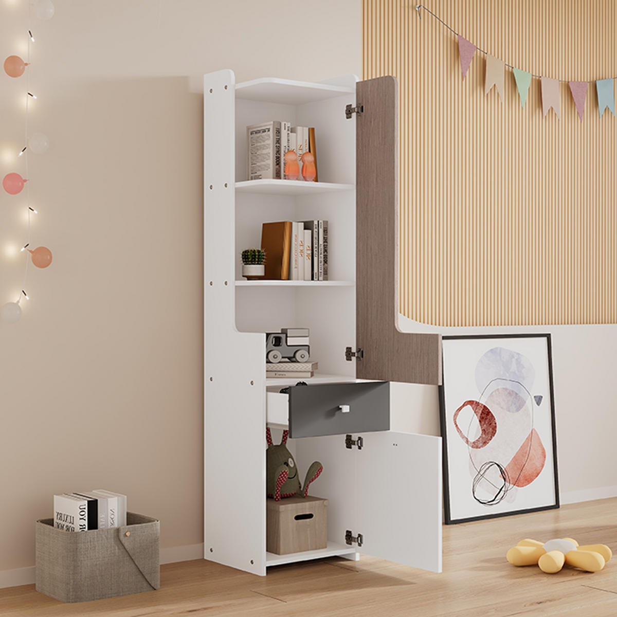 BÜCHERREGAL in Weiß und Grau mit L-förmiger Tür, Schublade und Metallknöpfen, B40/T45/H184cm - Weiß/Grau, Holzwerkstoff/Metall (45/184/40cm) - STILVORA