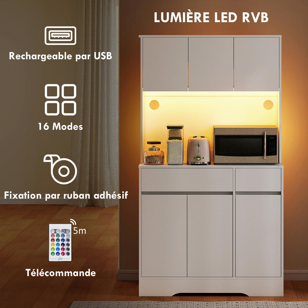 BUFFET DE-11183 LED-Beleuchtung, 6 Türen Weiß - Weiß, Holzwerkstoff (38/180/100cm) - ComfortXL