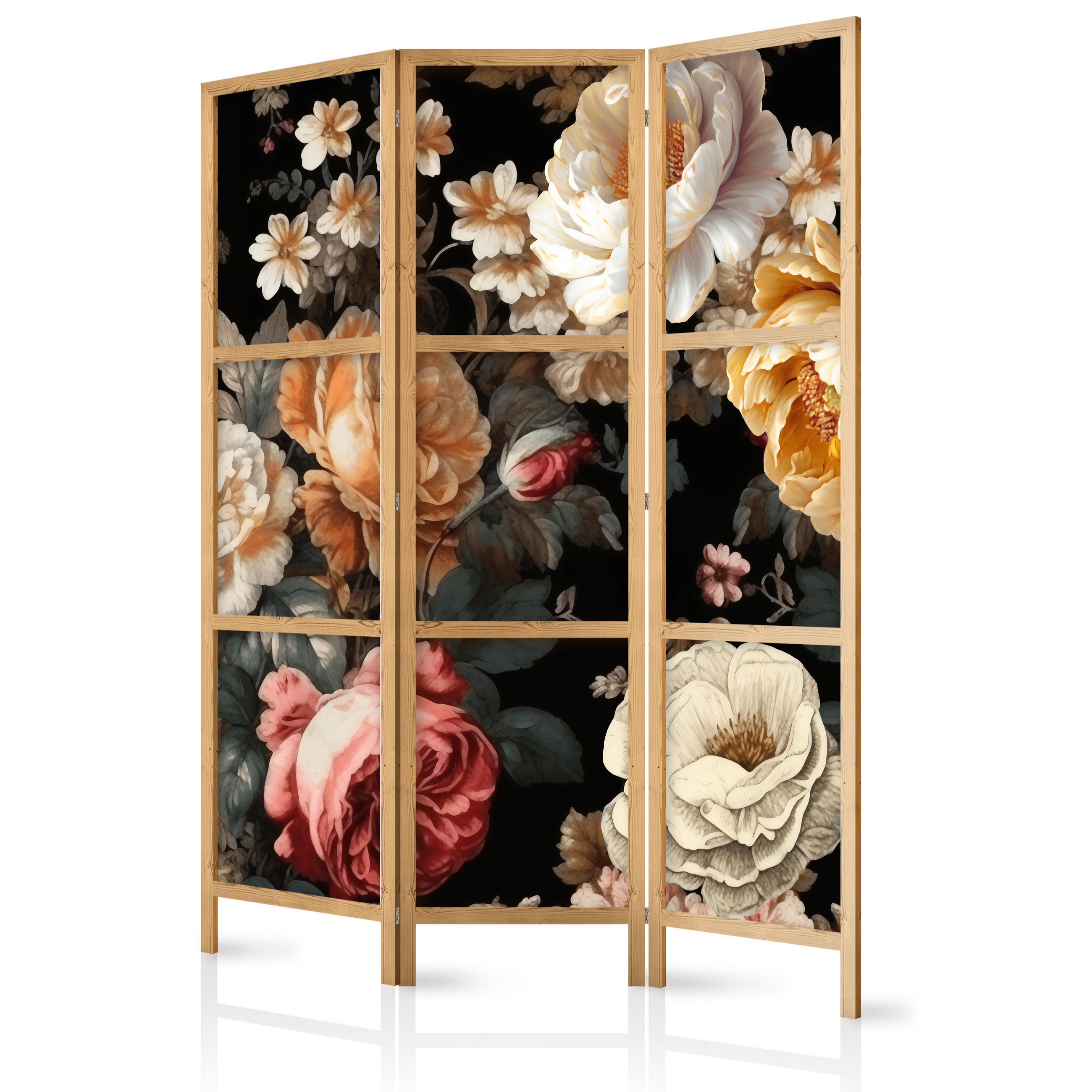 PARAVENT Japanischer 3-tlg 135x172 cm Pflanzen Blumen - Multicolor, Holz/Textil (135/172/3cm) - Muralo