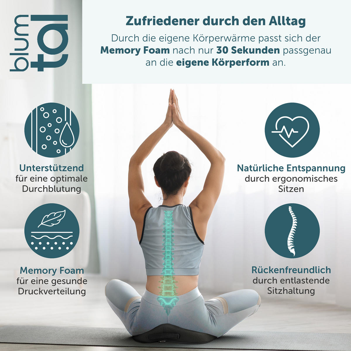 SITZKISSEN aus Memory Foam – Orthopädisches Steißbeinkissen für Bürostuhl & Auto, ergonomisch, Schwarz - Schwarz, Textil (26/18/15cm) - Blumtal