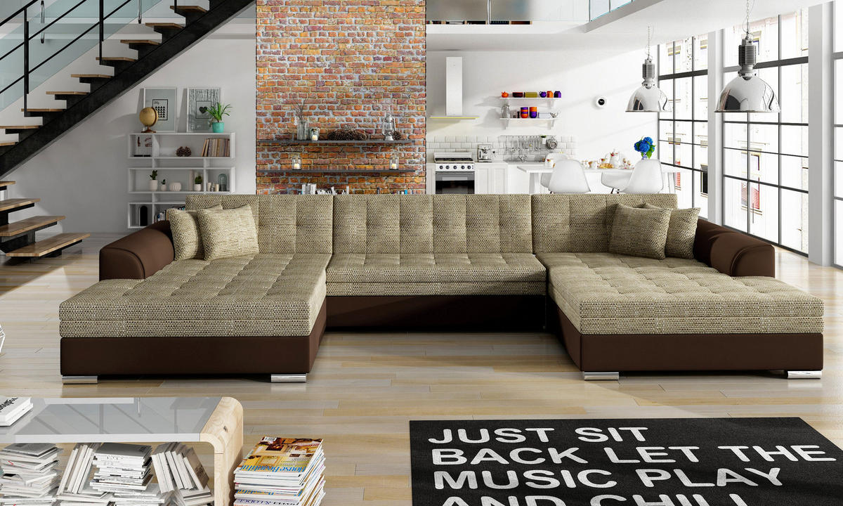 WOHNLANDSCHAFT VENTO U-Form – Großzügiges Ecksofa mit Schlaffunktion & Kissen 359 cm - Beige, Kunststoff (359/78/165cm) - Wohnideebilder