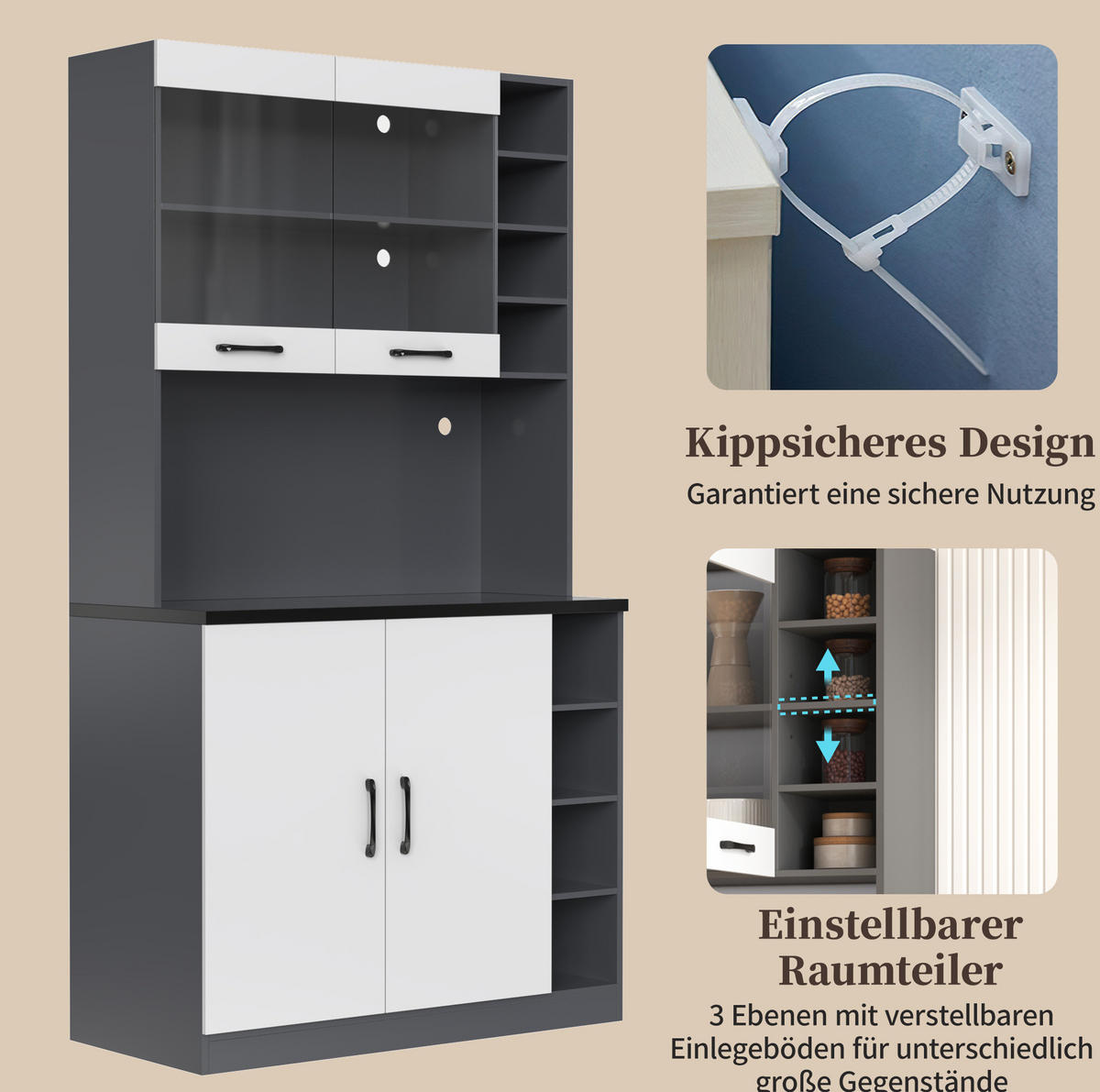BUFFETSCHRANK 100/47/187 cm mit LED-Beleuchtung, Glaseinsatz und Kabelführung, Grau/Weiß - Weiß, Holzwerkstoff (100/187/47cm) - Redom