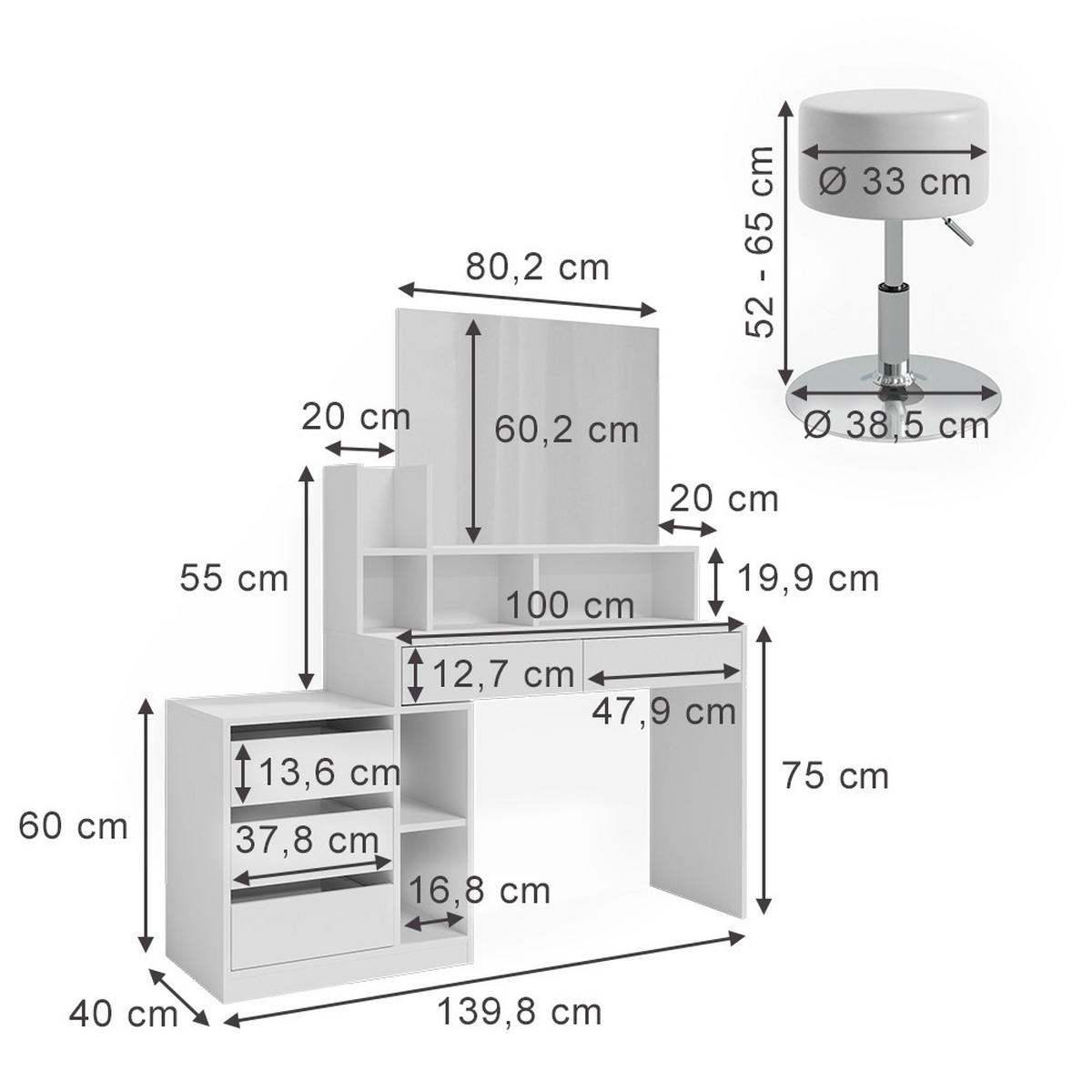SCHMINKTISCH Anja Weiß 139.8 cm mit Hocker - Weiß, Holzwerkstoff (139.8/115/40cm) - Vicco
