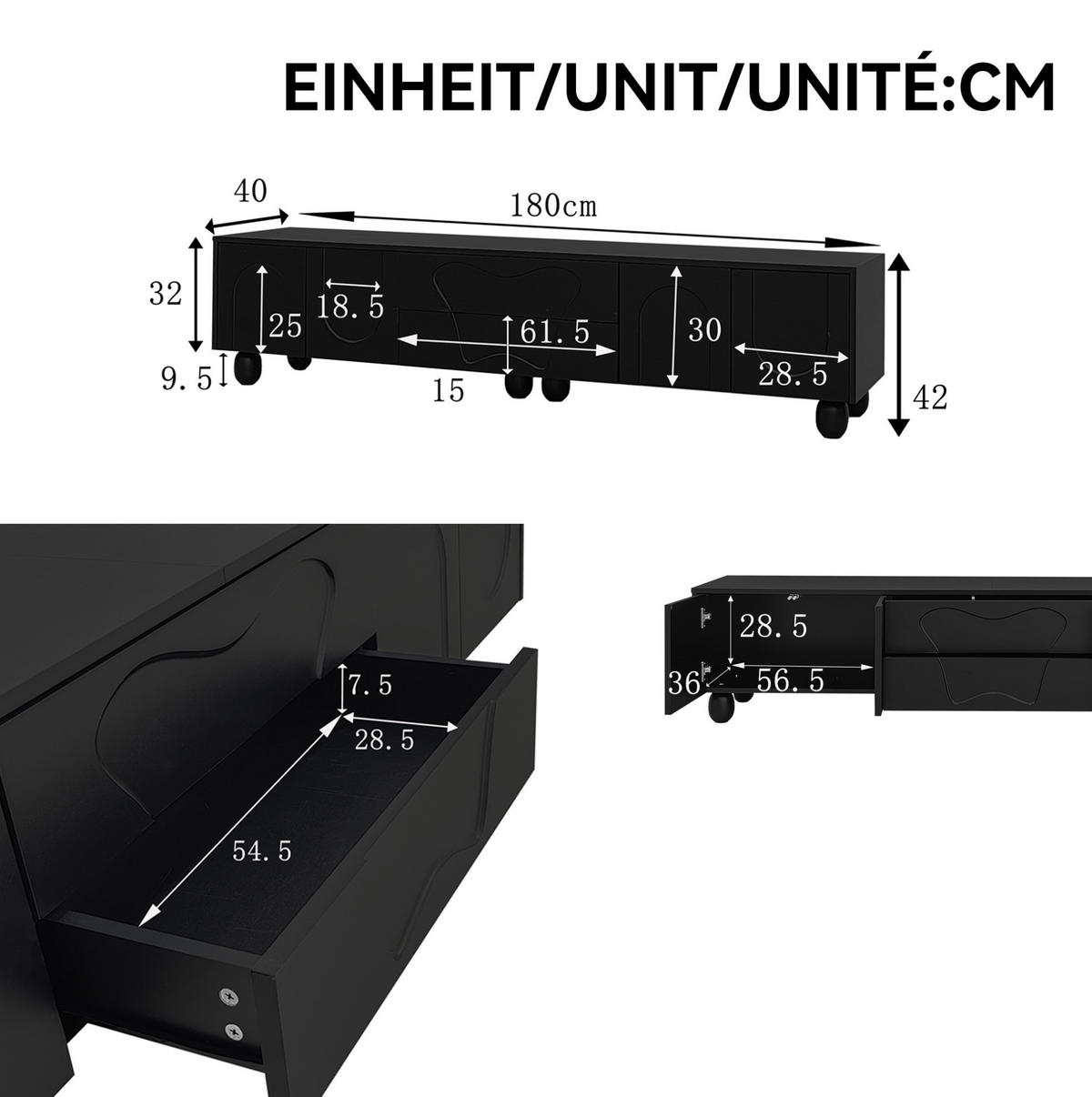 TV-SCHRANK 180/40/42 cm schwarz PB mit Naturholzbeinen und vielseitigem Stauraum - Schwarz, Holzwerkstoff (180/42/40cm) - OKWISH