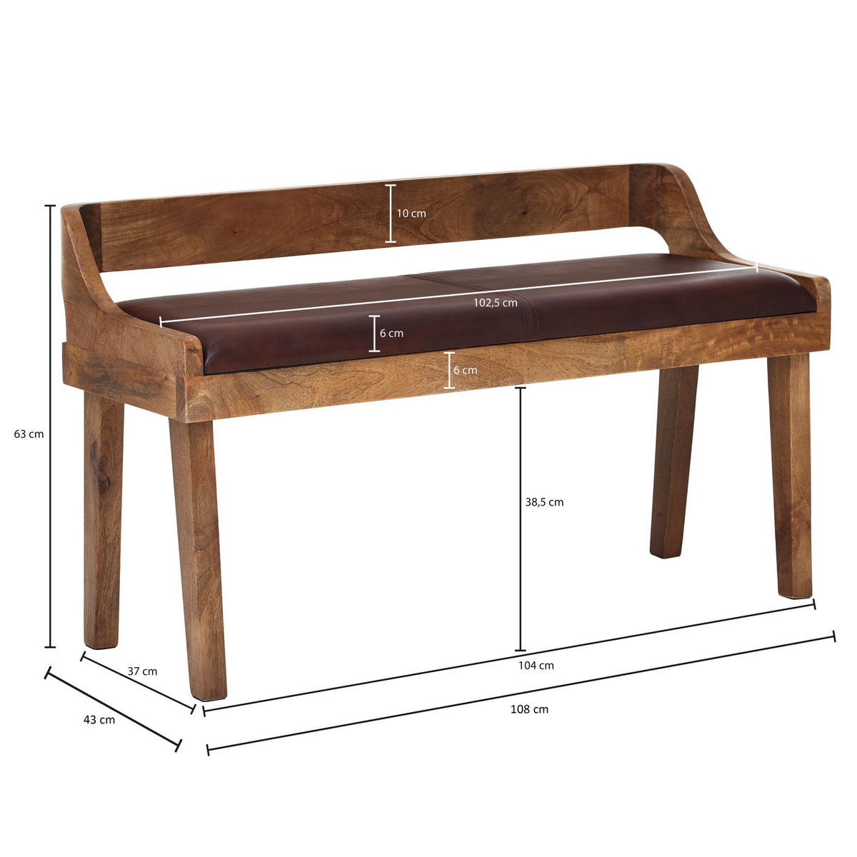 SITZBANK – Echtleder, 108 cm, mit Rückenlehne, Beine Massivholz - Braun, Mangoholz/Leder (108/63/43cm) - KADIMA DESIGN
