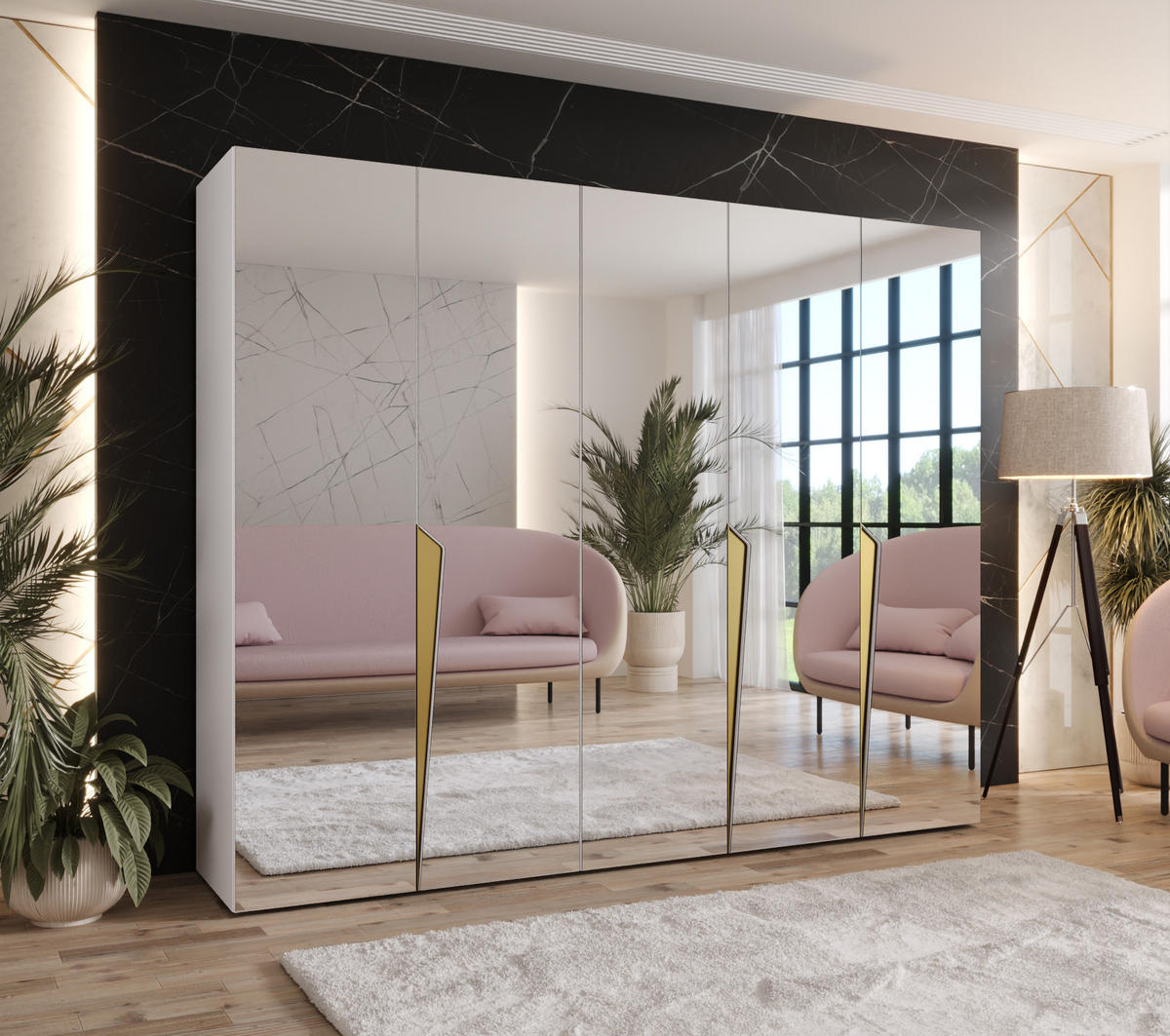 DREHTÜRENSCHRANK 202/250/52 5-türig - Goldfarben/Weiß, Holz/Metall (250/202/52cm) - Abiks Möbel