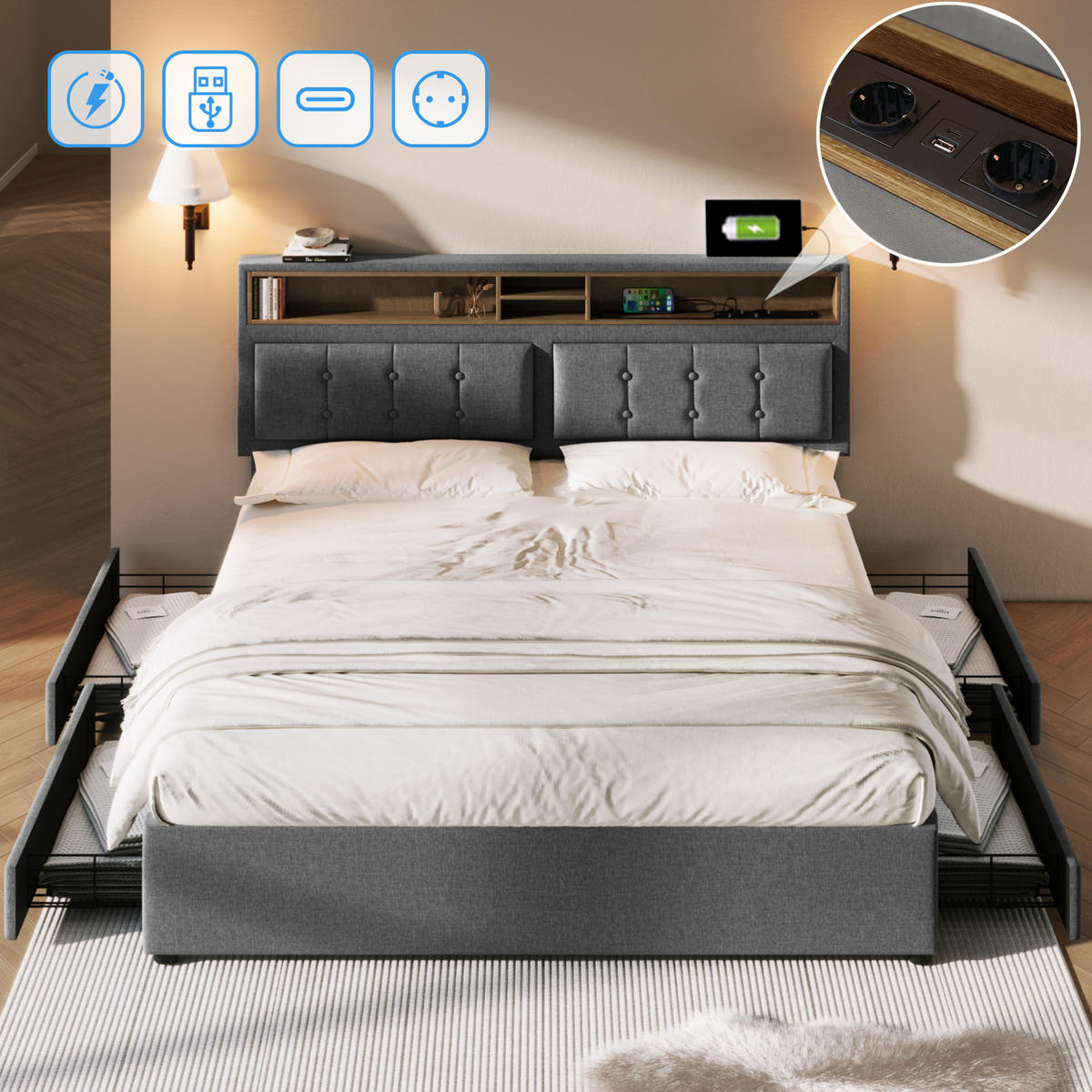 POLSTERBETT 140/200 cm Grau aus Leinen mit 4 Schubladen - Grau, Textil (140/200cm) - OKMYHOME