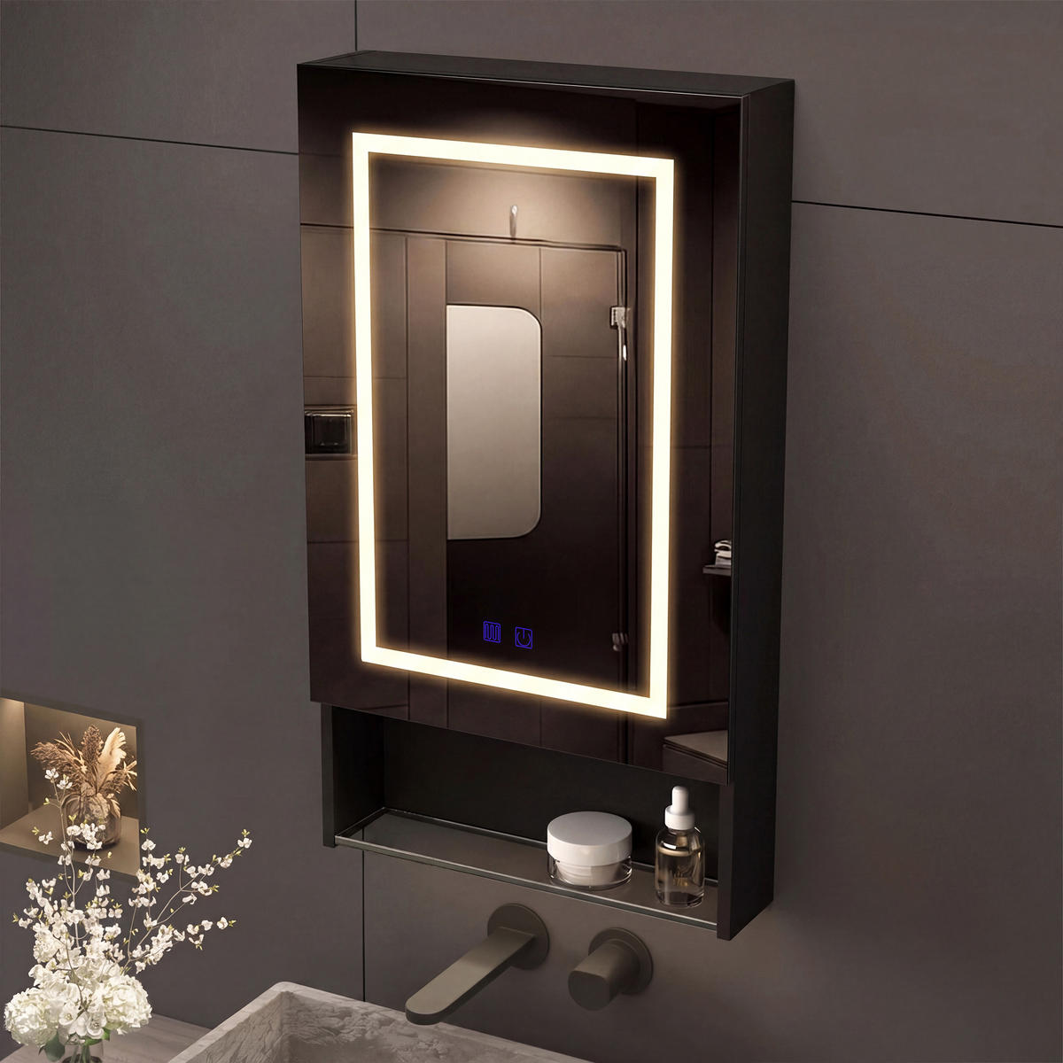 SPIEGELSCHRANK schwarz LED mit Ablage Antibeschlag Badschrank modern 50cm - Schwarz, Glas (50/88/16cm)