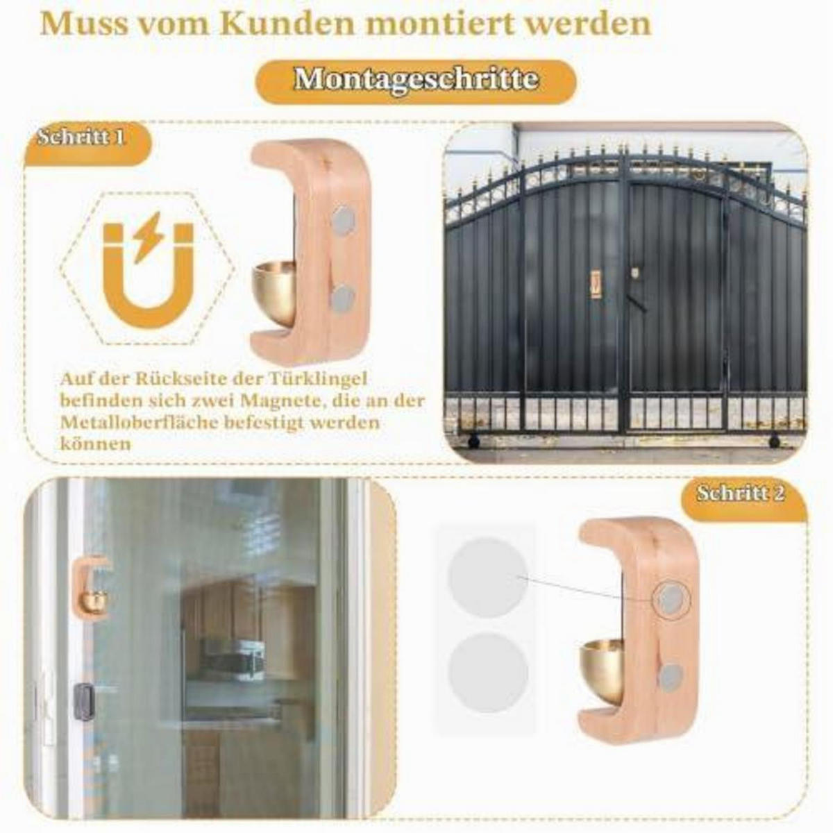 TÜRKLINGELDEKORATION Holz Windspiel magnetisch ohne Bohren - Goldfarben, Holz (4/2.5/7.5cm)
