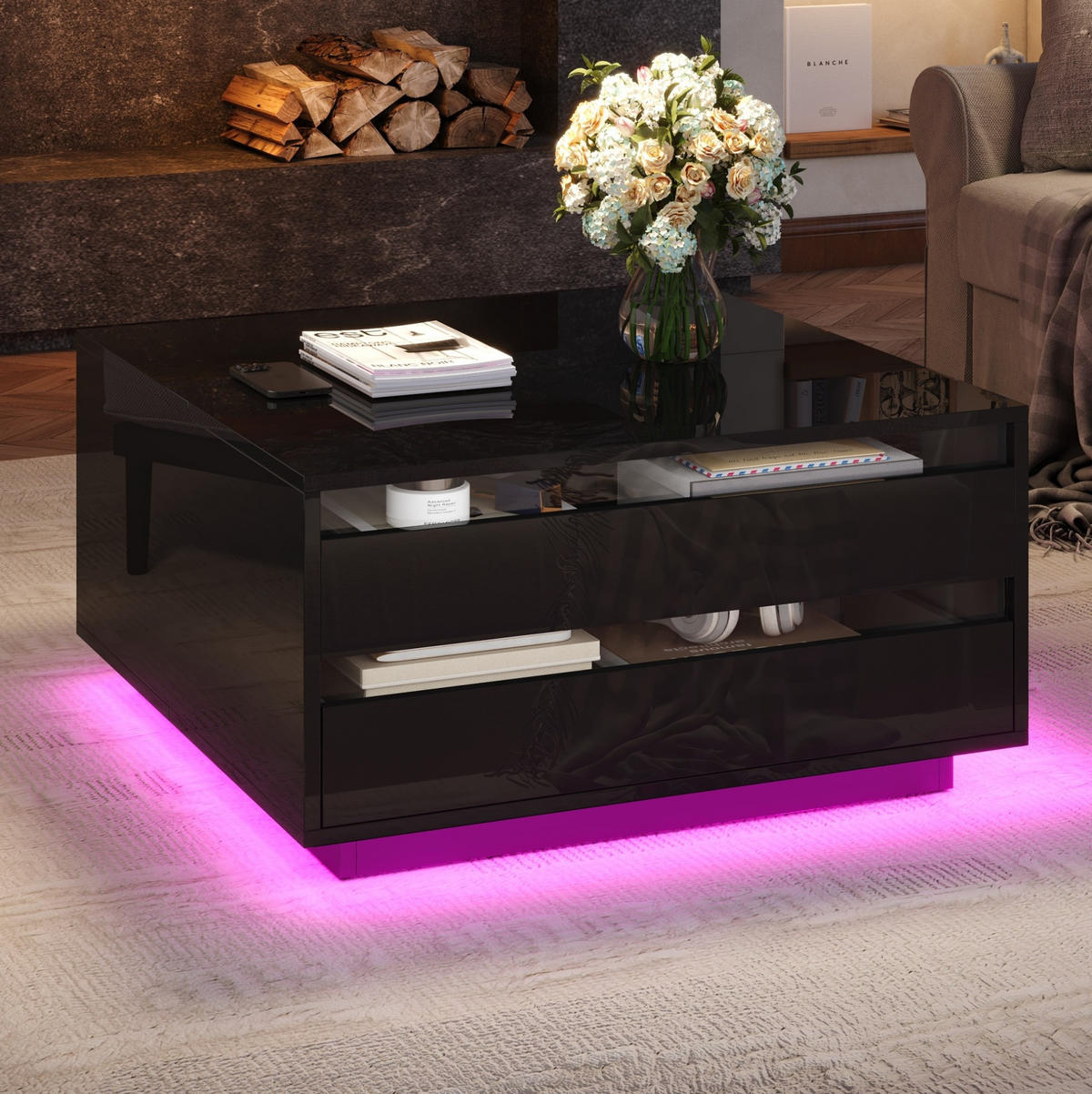 COUCHTISCH 70/70/38 cm in Schwarz mit LED-Beleuchtung und Stauraum - Schwarz, Holzwerkstoff (70/70/38cm) - Flora Grace