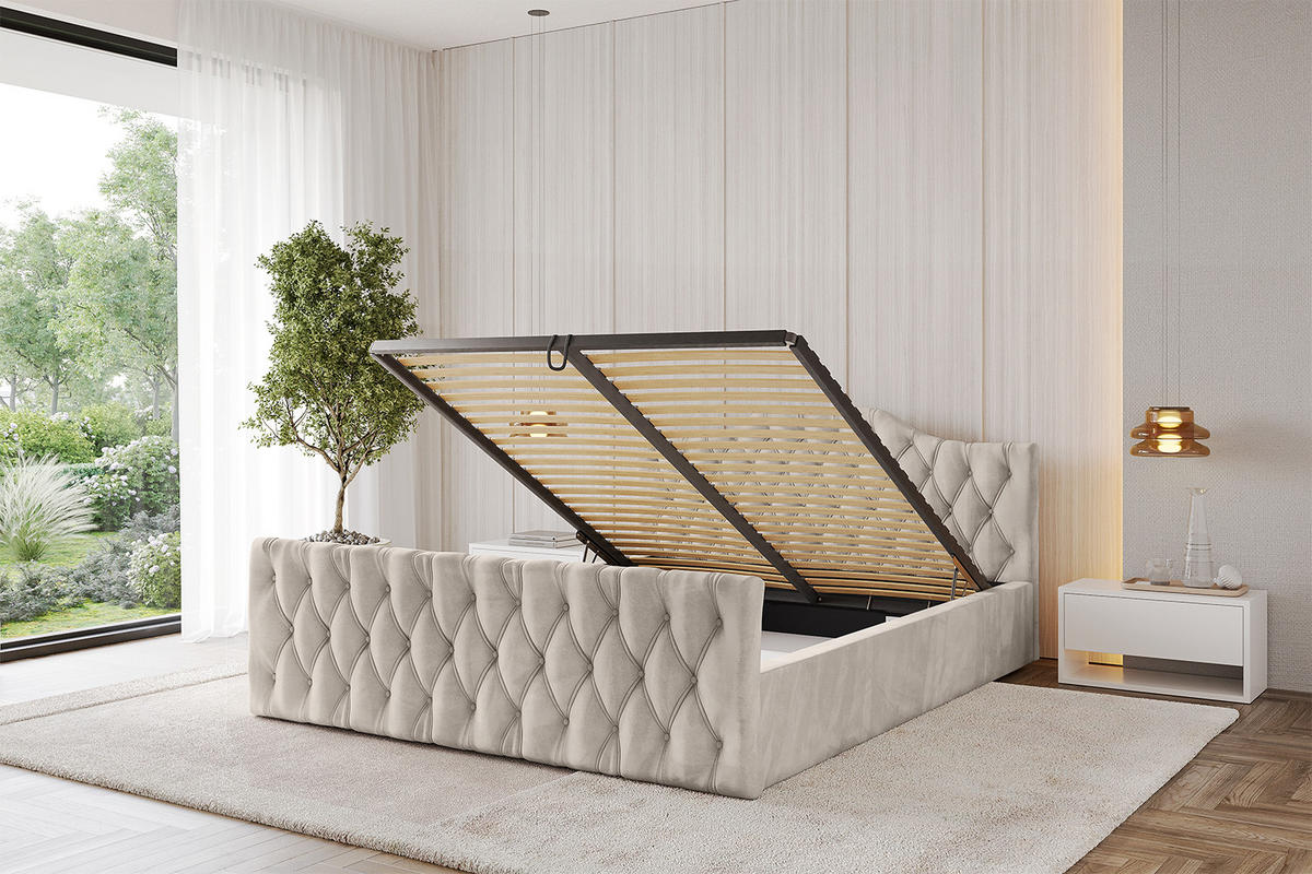 POLSTERBETT mit Bettkasten, Fußteil und Lattenrost, Boxbett ohne Matratze - FALIO-Z-V1 180x200 Beige - Beige, Holzwerkstoff/Textil (180/200cm) - ALTDECOR