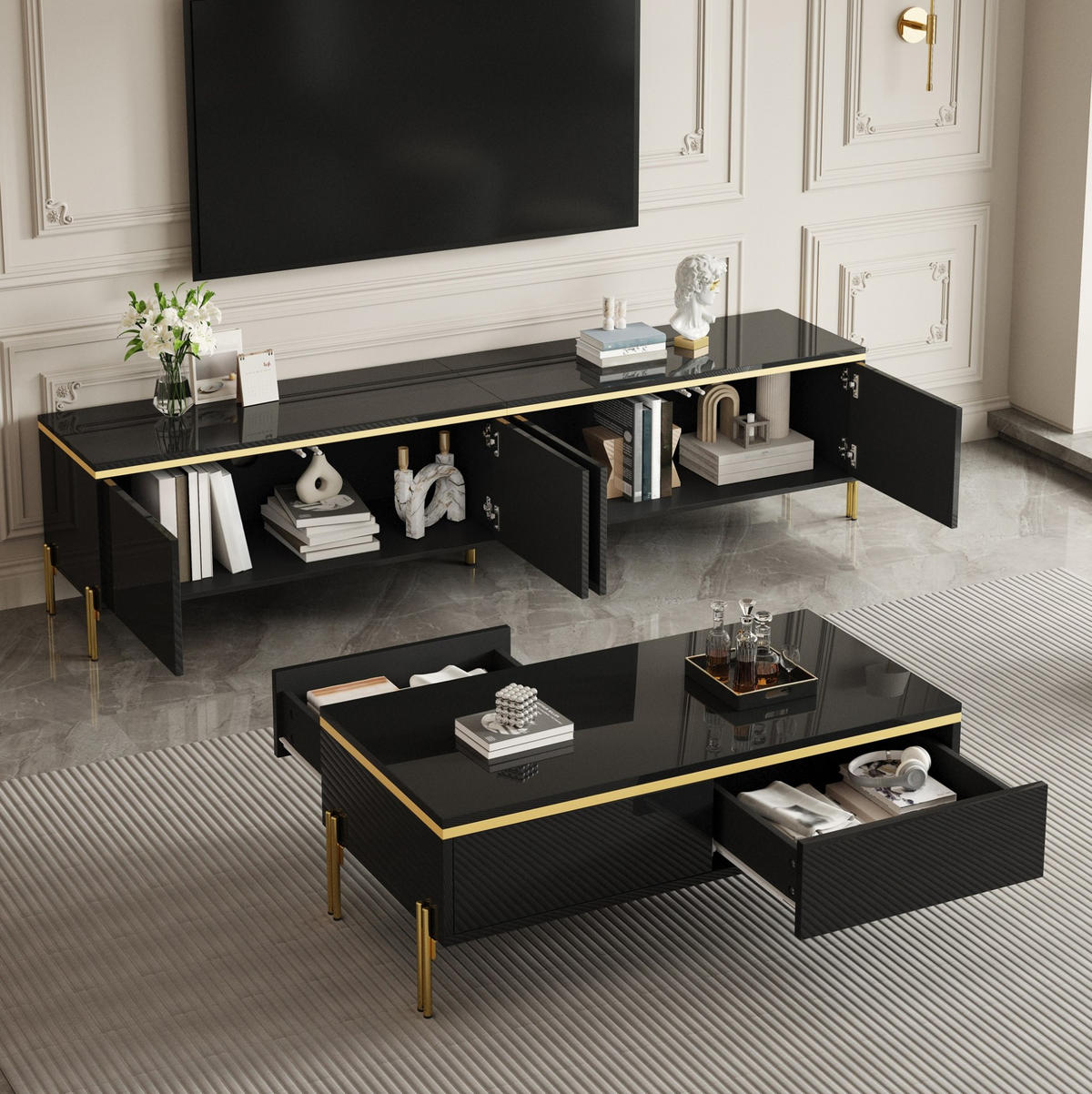 TV-MÖBEL- und Couchtisch-Set 170/38/50 + 100/50/36 cm aus Holzwerkstoff mit Stauraum und Schubladen, hochglänzend, Schwarz - Schwarz, Holzwerkstoff (170/50/38cm) - Redom