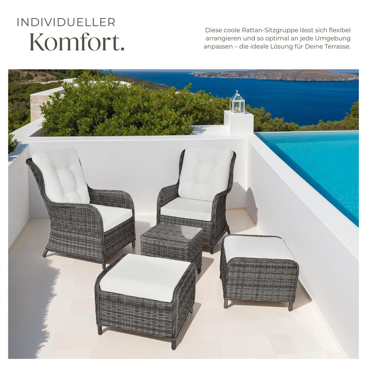 RATTAN SITZGRUPPE Benissa,mit Sicherheitsglasplatte,grau - Weiß/Grau, Kunststoff - tectake