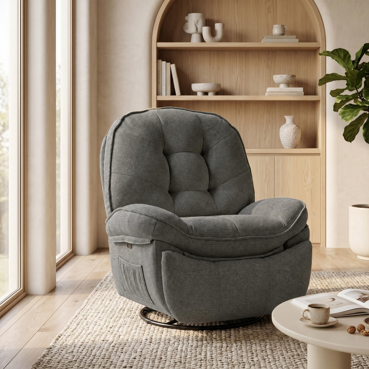 RELAXSESSEL Chenille (100% Polyester) Hellgrau - Creme/Hellgrau, Holzwerkstoff/Textil (94/104/95cm) - HOMCOM