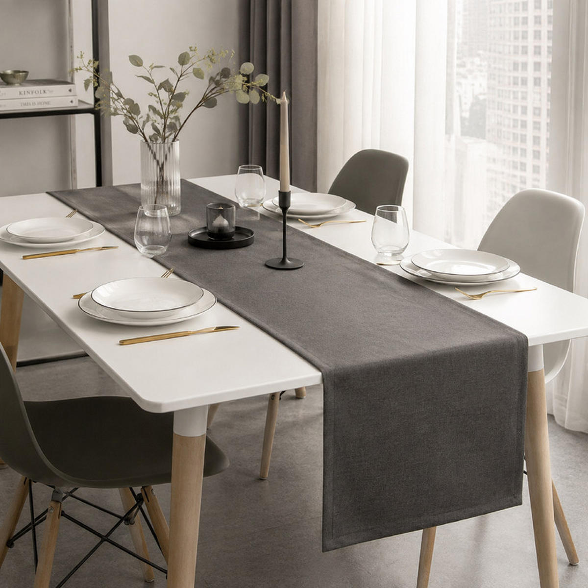 TISCHLÄUFER Dunkelgrau 30x120cm Leinenoptik, wasserabweisend & waschbar, moderne Tischdekoration - Dunkelblau, Textil (30/120cm) - SHOPENTRA